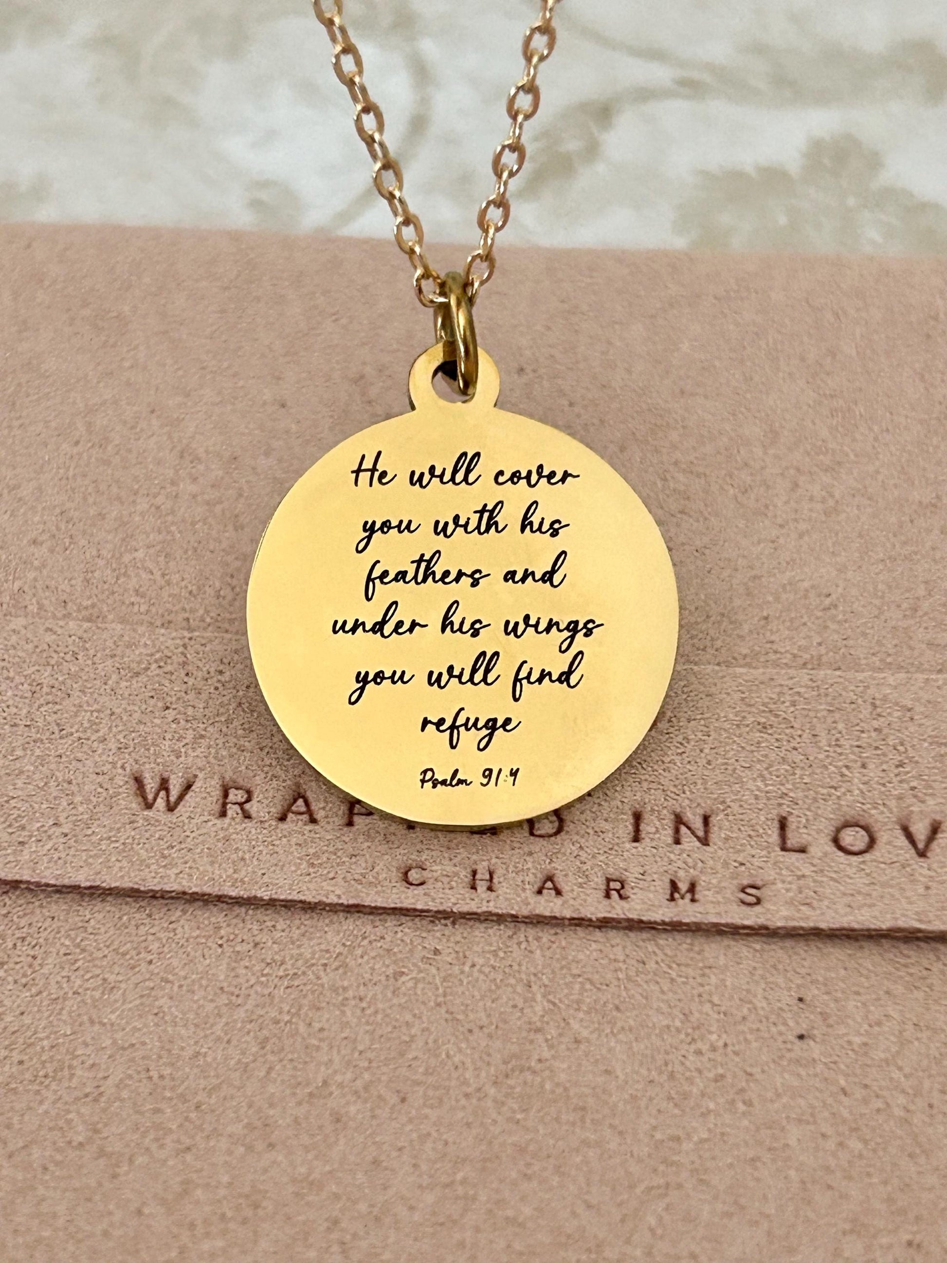 Psalm 91 Necklace He will cover you with his Feathers Christian Gifts Scripture Jewelry Motivational Gifts Prayer necklace Faith Charms