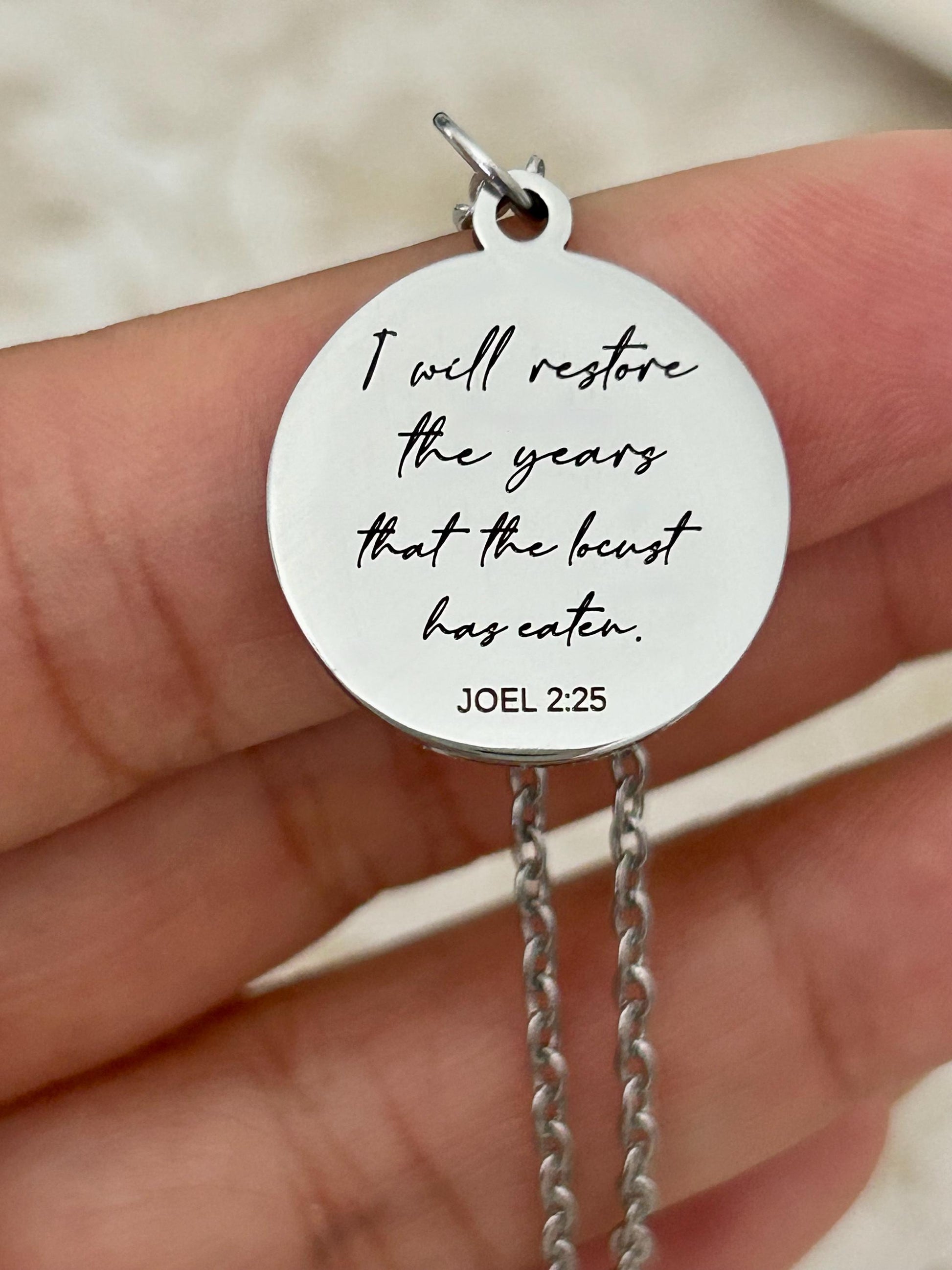 I will restore the years that the locust has eaten Engraved Joel 2:25 Necklace, Christian Scripture Gift