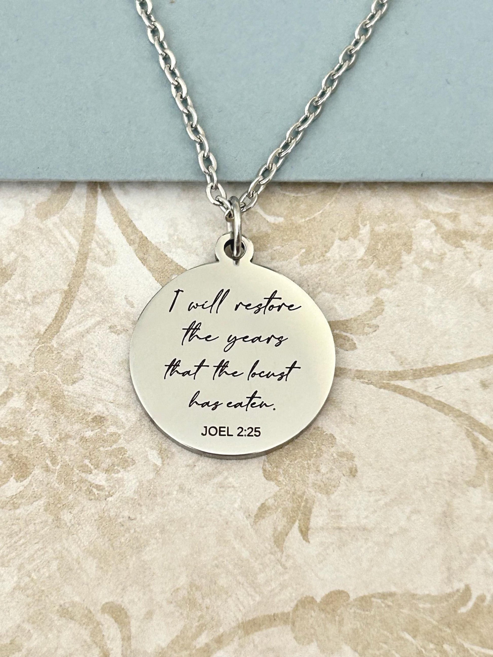 I will restore the years that the locust has eaten Engraved Joel 2:25 Necklace, Christian Scripture Gift