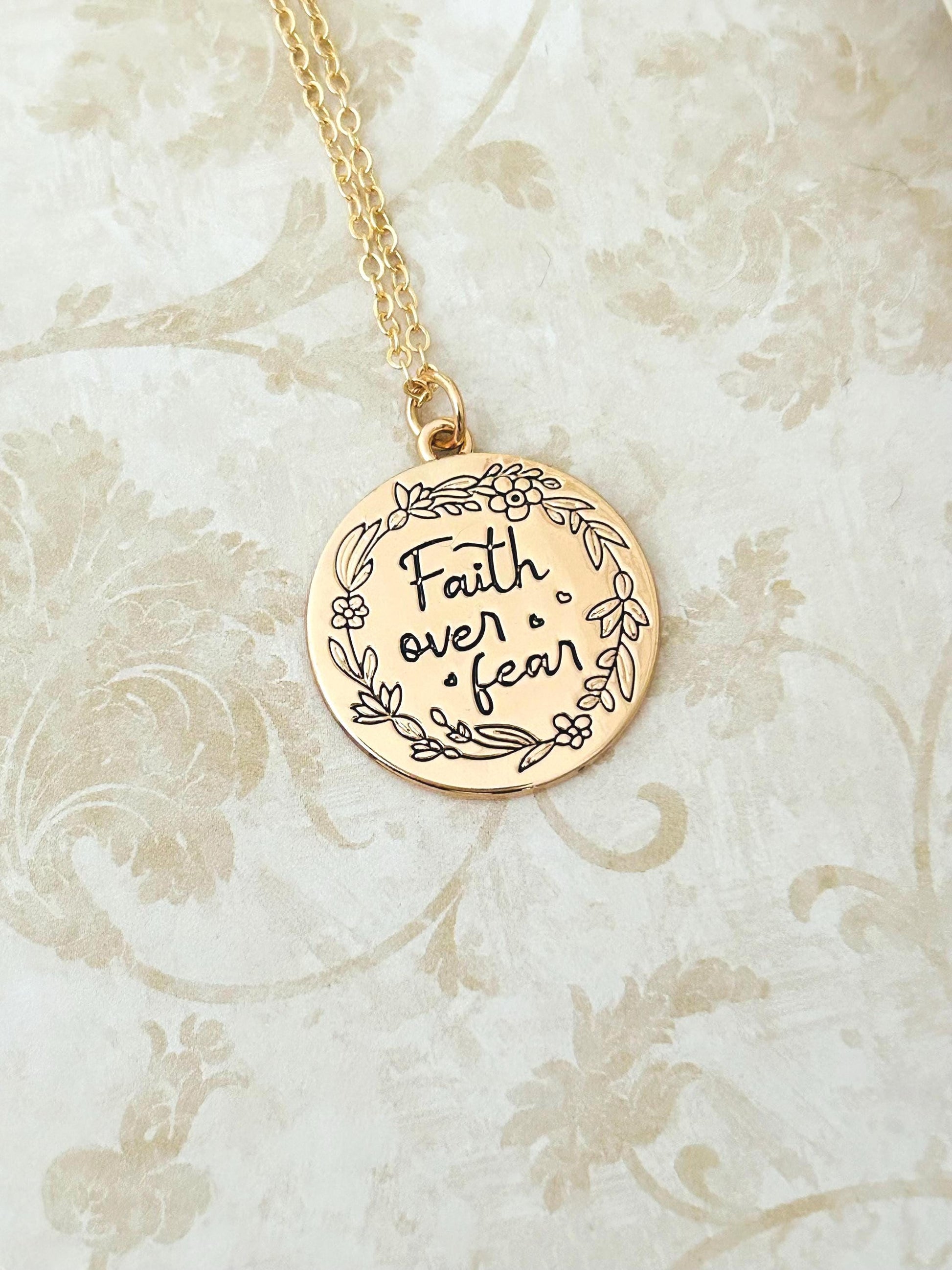 Faith Over Fear Gold Charm Necklace, Engraved Flower Necklace, Christian Gifts, Motivational Necklace, Meaningful Gifts, Faith Necklace