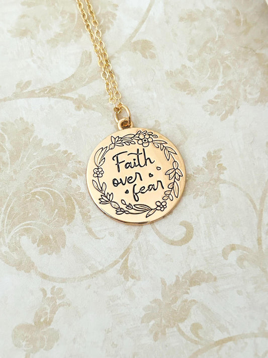 Faith Over Fear Gold Charm Necklace, Engraved Flower Necklace, Christian Gifts, Motivational Necklace, Meaningful Gifts, Faith Necklace