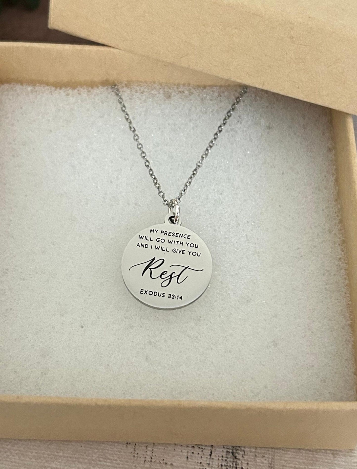 My Presence will go with you bible verse Necklace, Farewell Gift, Christian Gifts, Exodus 33:14, Goodbye Gift, Missionary Gifts, LDS Gifts