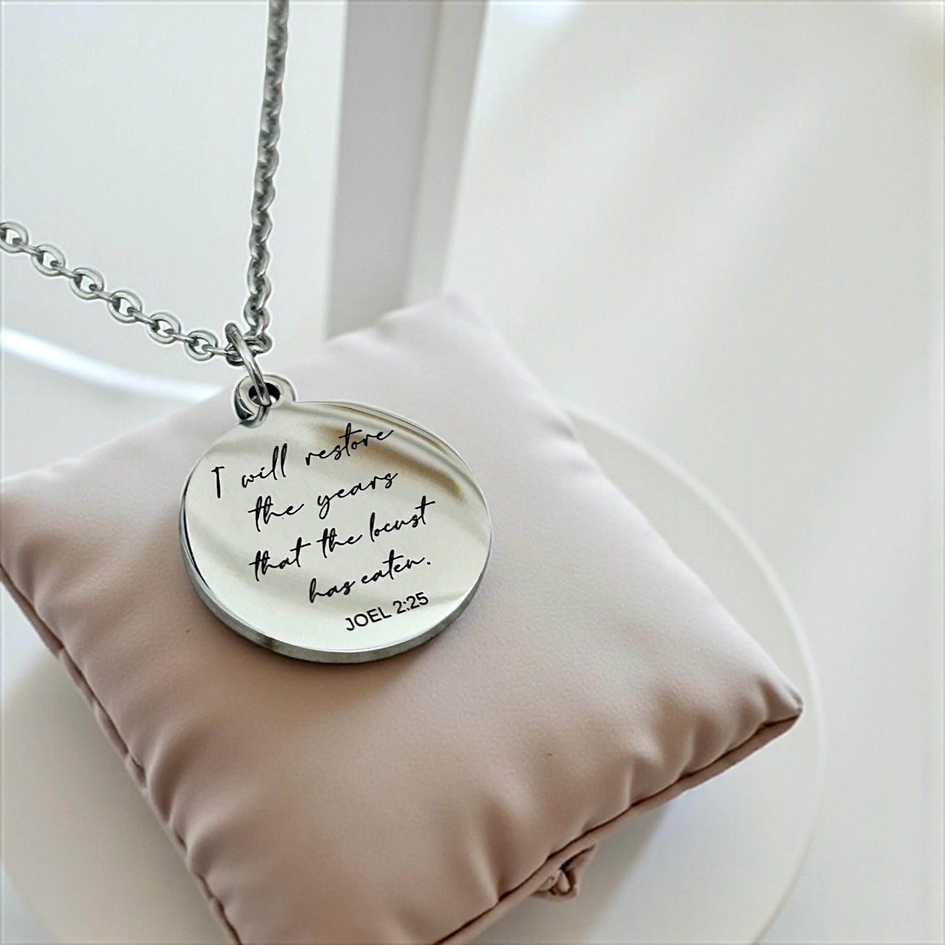 I will restore the years that the locust has eaten Engraved Joel 2:25 Necklace, Christian Scripture Gift