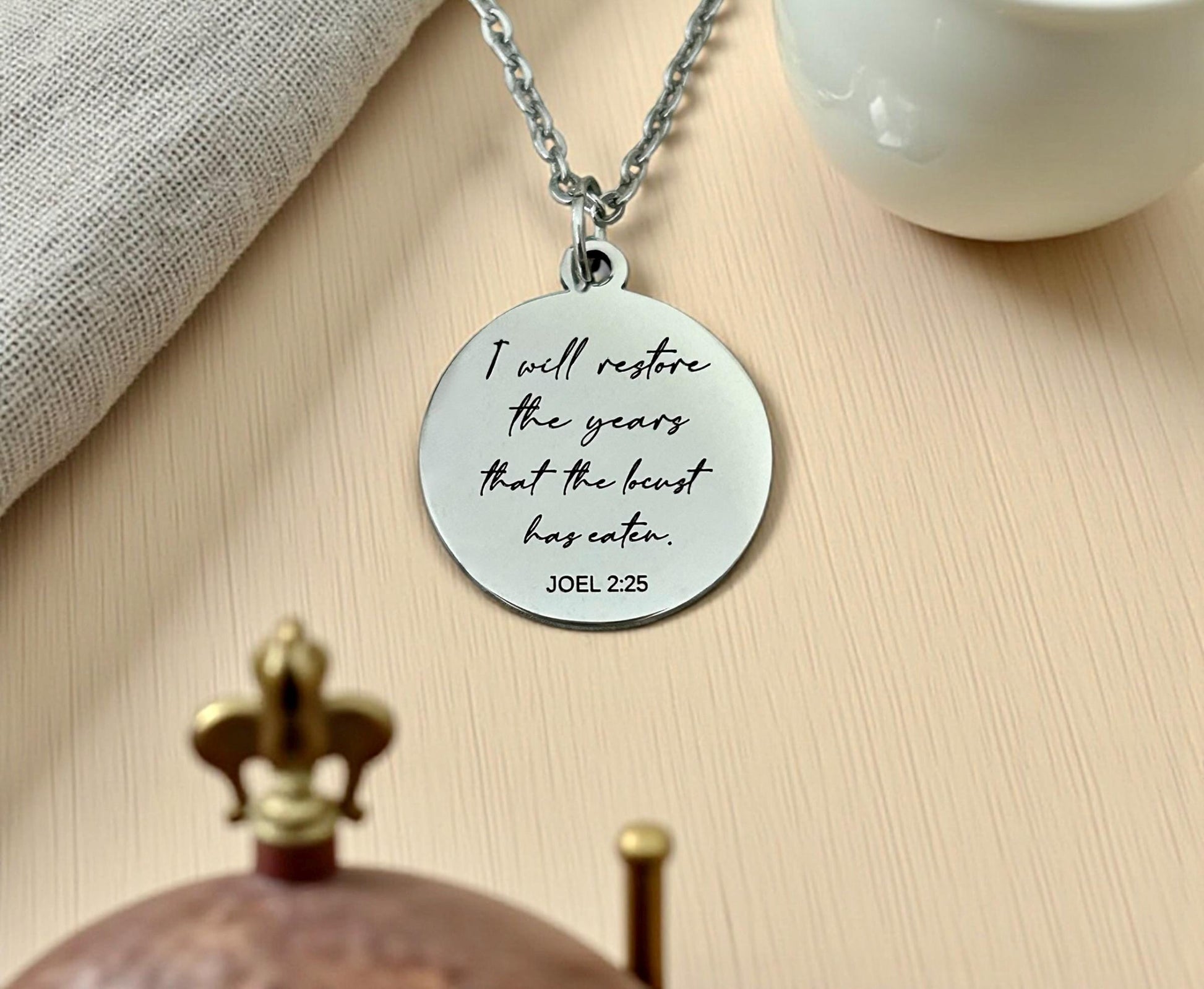 I will restore the years that the locust has eaten Engraved Joel 2:25 Necklace, Christian Scripture Gift