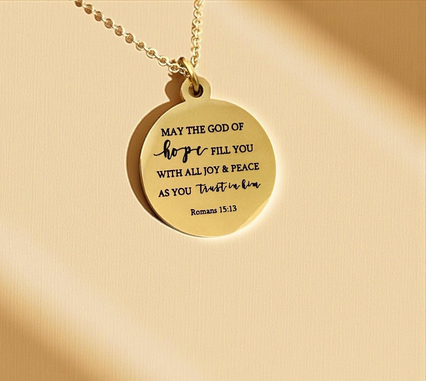 Bible Verse Necklace May the GOD of hope fill you with all joy and peace as you trust in Him Romans 15:13 Christian Gifts Faith Jewelry