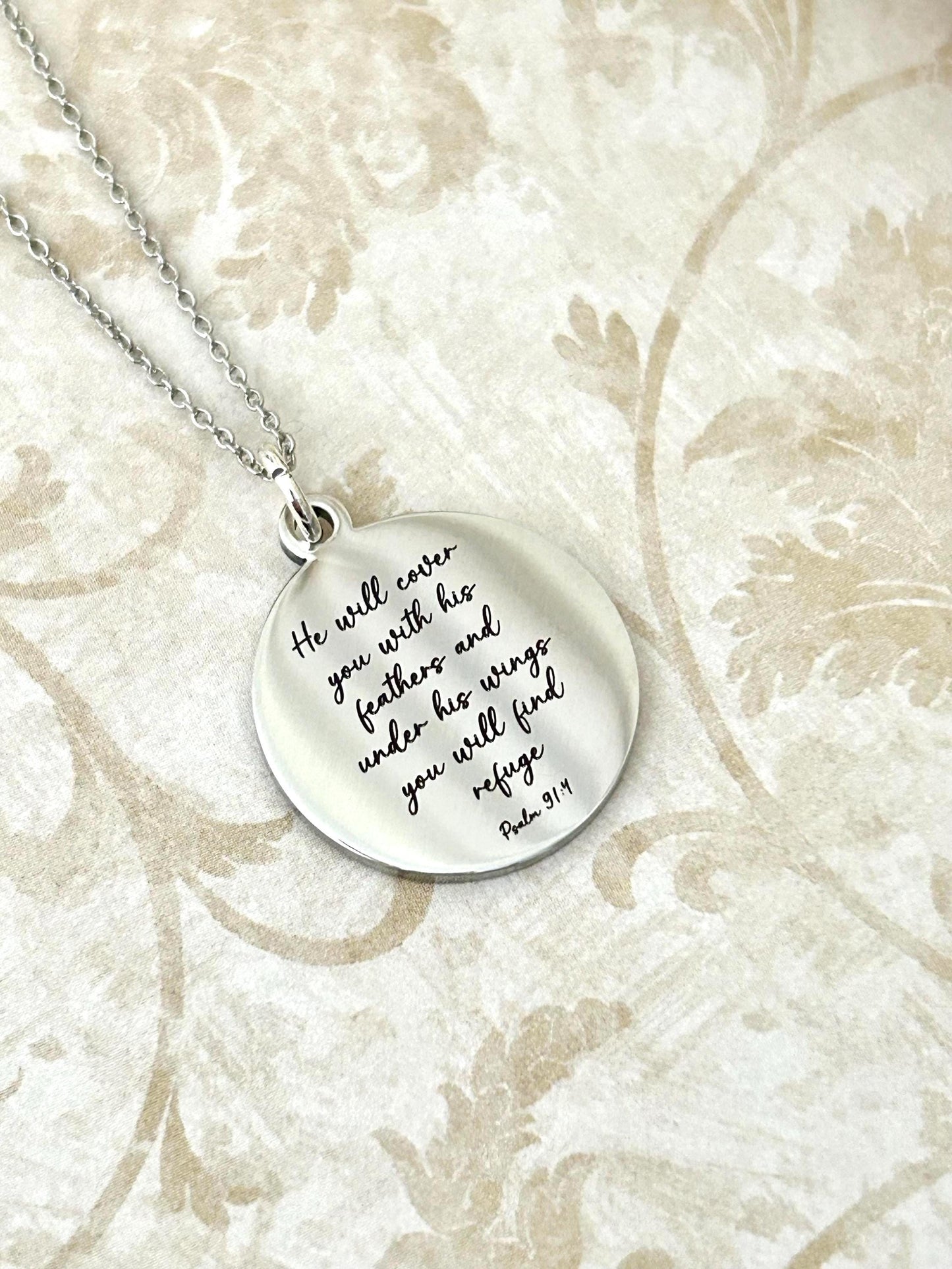 Psalm 91 Necklace, Christian Gifts, Scripture Jewelry, Gifts for Mom, Motivational Gifts Prayer necklace He will cover you with his feathers