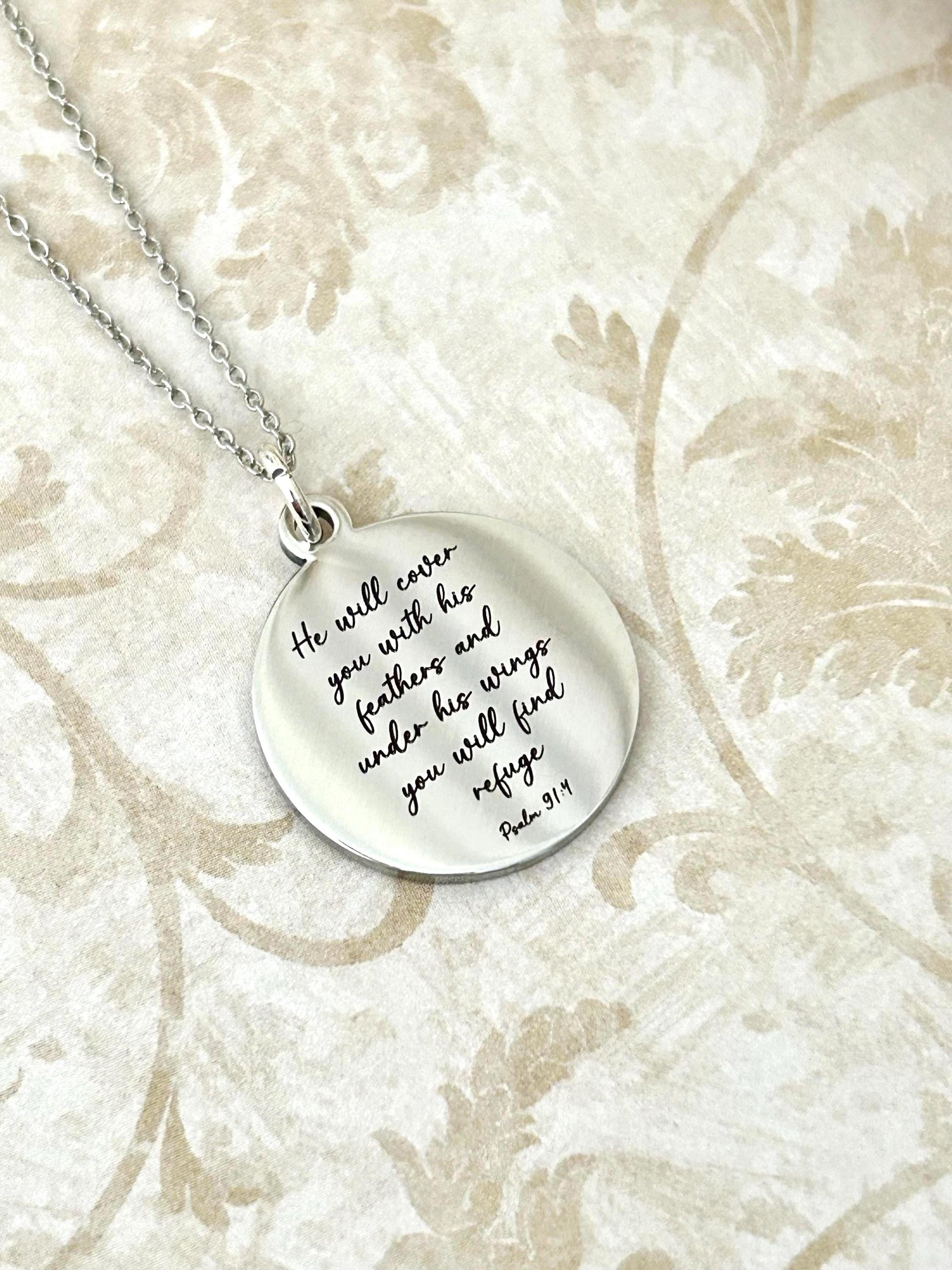 Psalm 91 Necklace, Christian Gifts, Scripture Jewelry, Gifts for Mom, Motivational Gifts Prayer necklace He will cover you with his feathers