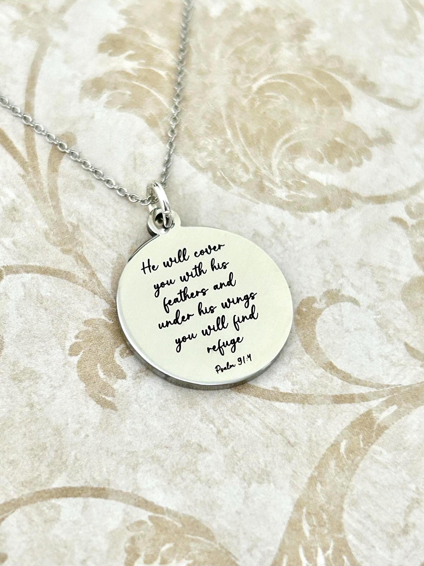 Psalm 91 Necklace, Christian Gifts, Scripture Jewelry, Gifts for Mom, Motivational Gifts Prayer necklace He will cover you with his feathers