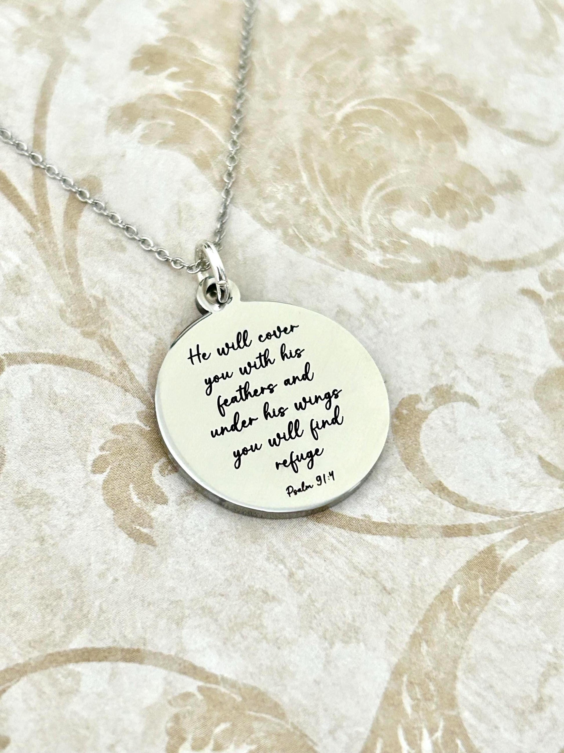 Psalm 91 Necklace, Christian Gifts, Scripture Jewelry, Gifts for Mom, Motivational Gifts Prayer necklace He will cover you with his feathers