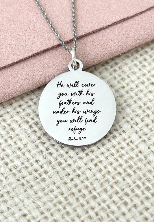 Psalm 91 Necklace, Christian Gifts, Scripture Jewelry, Gifts for Mom, Motivational Gifts Prayer necklace He will cover you with his feathers