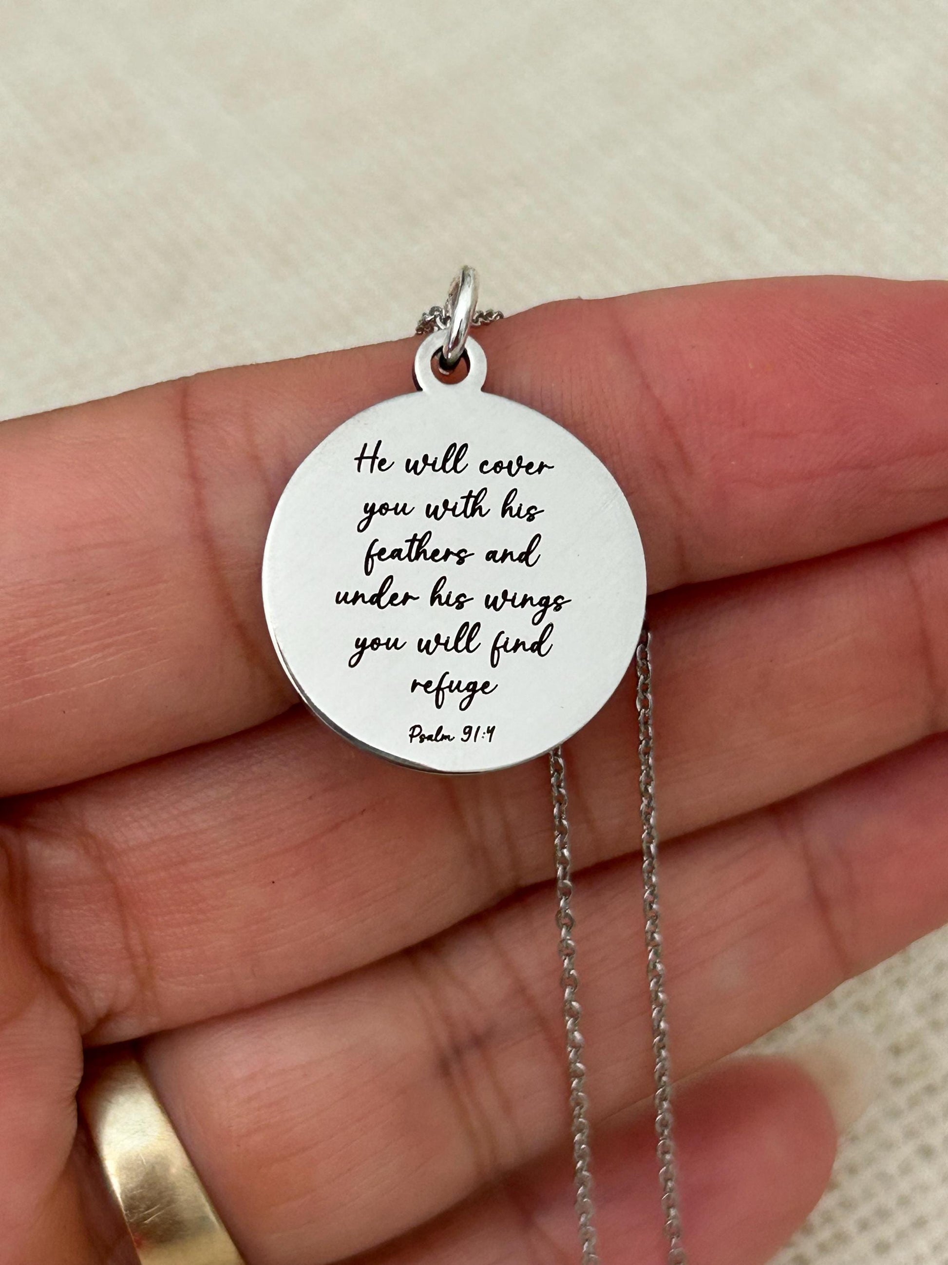 Psalm 91 Necklace, Christian Gifts, Scripture Jewelry, Gifts for Mom, Motivational Gifts Prayer necklace He will cover you with his feathers