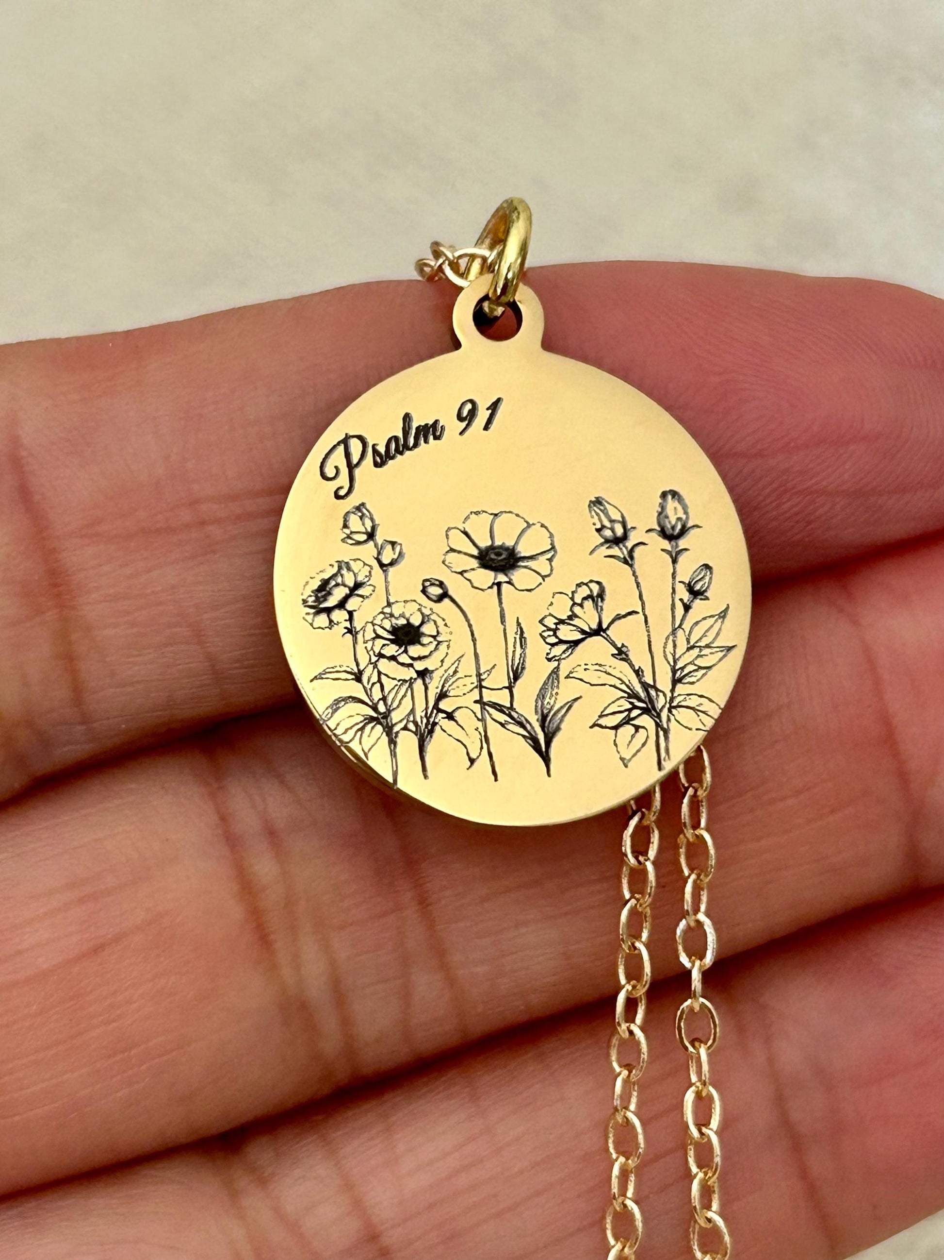 Psalm 91 Personalized Engraved Flower Necklace, 14K Gold Plated, Birthday Gift for Her, Flower Bouquet Necklace