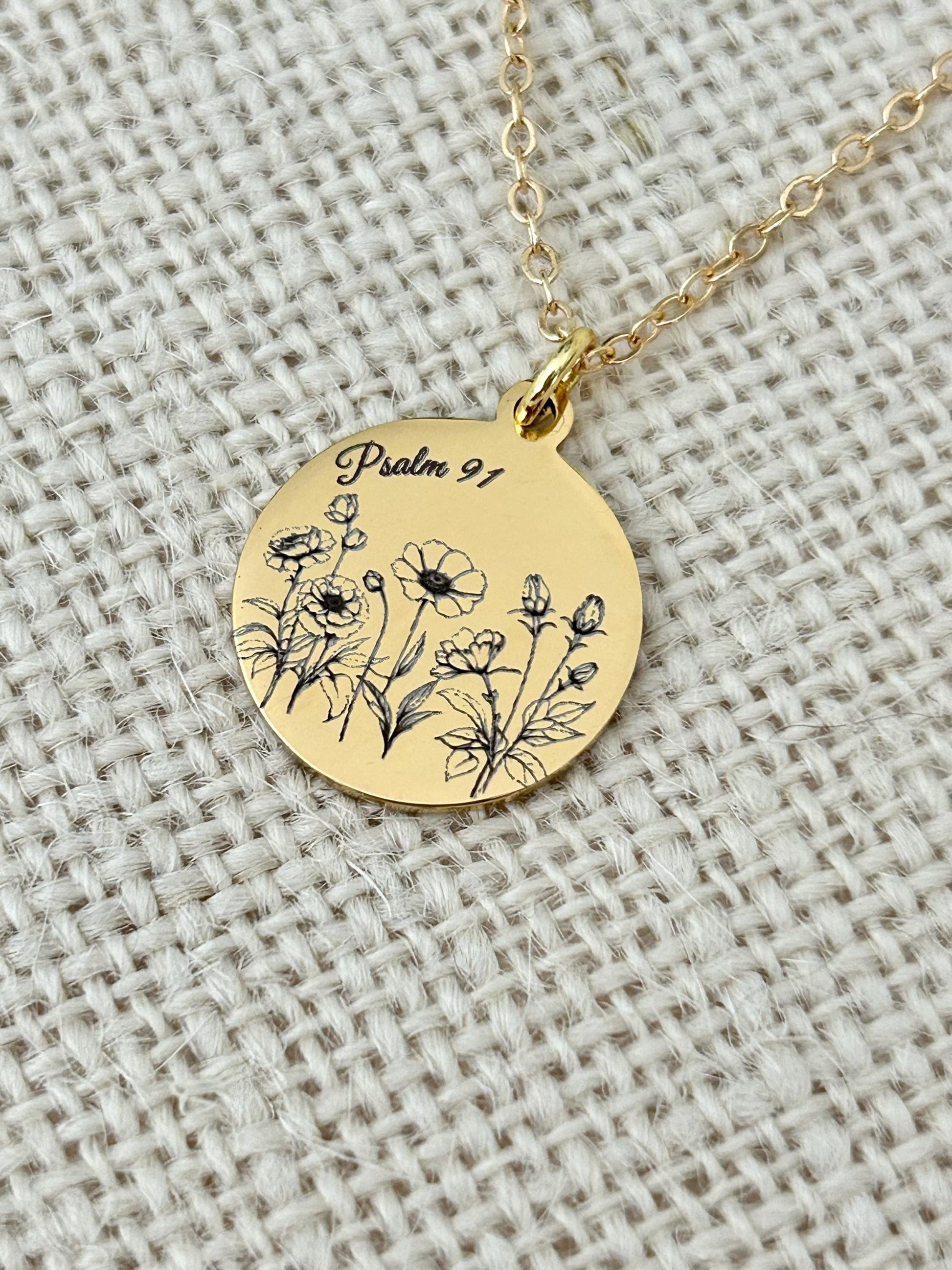 Psalm 91 Personalized Engraved Flower Necklace, 14K Gold Plated, Birthday Gift for Her, Flower Bouquet Necklace