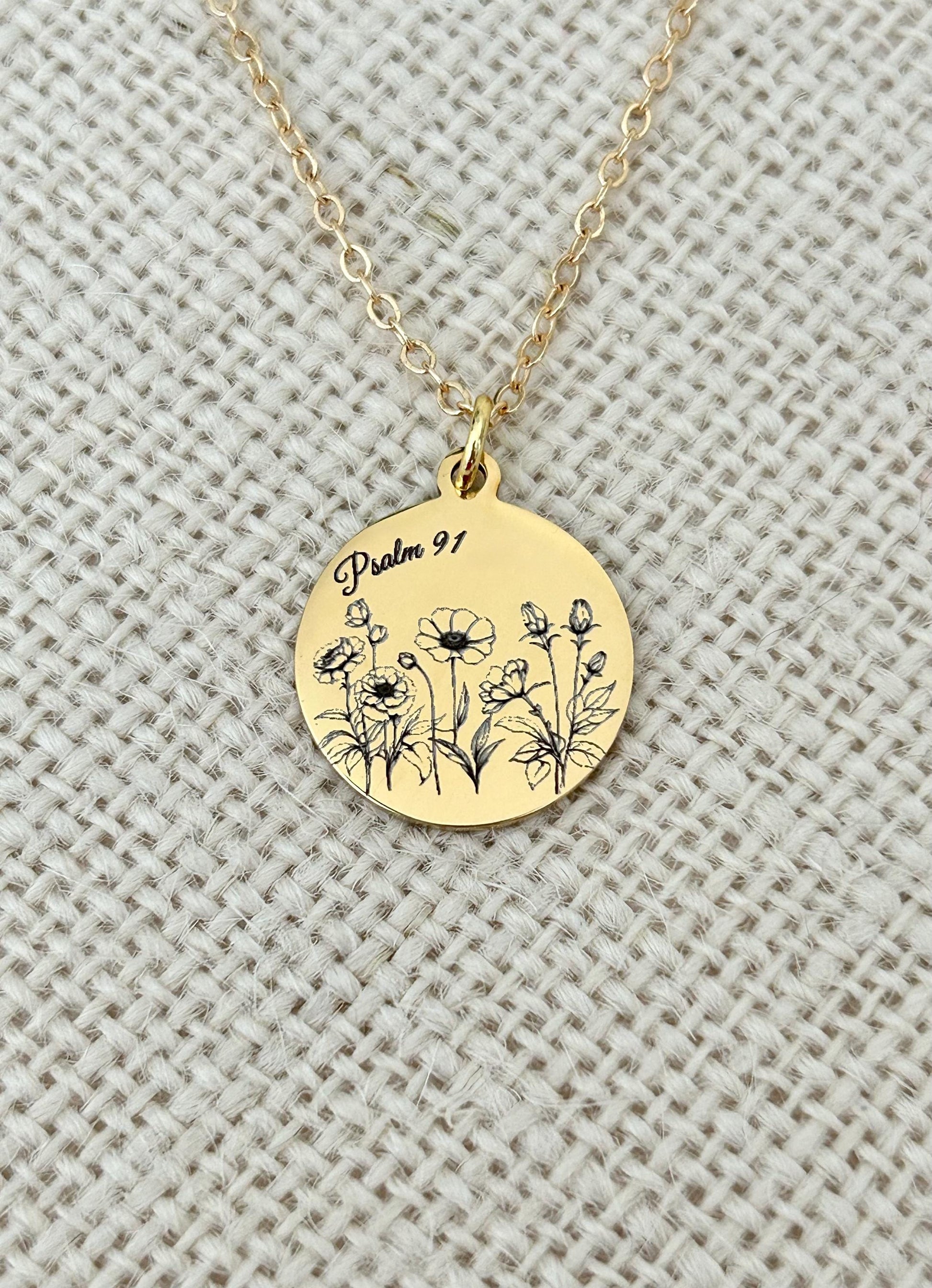 Psalm 91 Personalized Engraved Flower Necklace, 14K Gold Plated, Birthday Gift for Her, Flower Bouquet Necklace