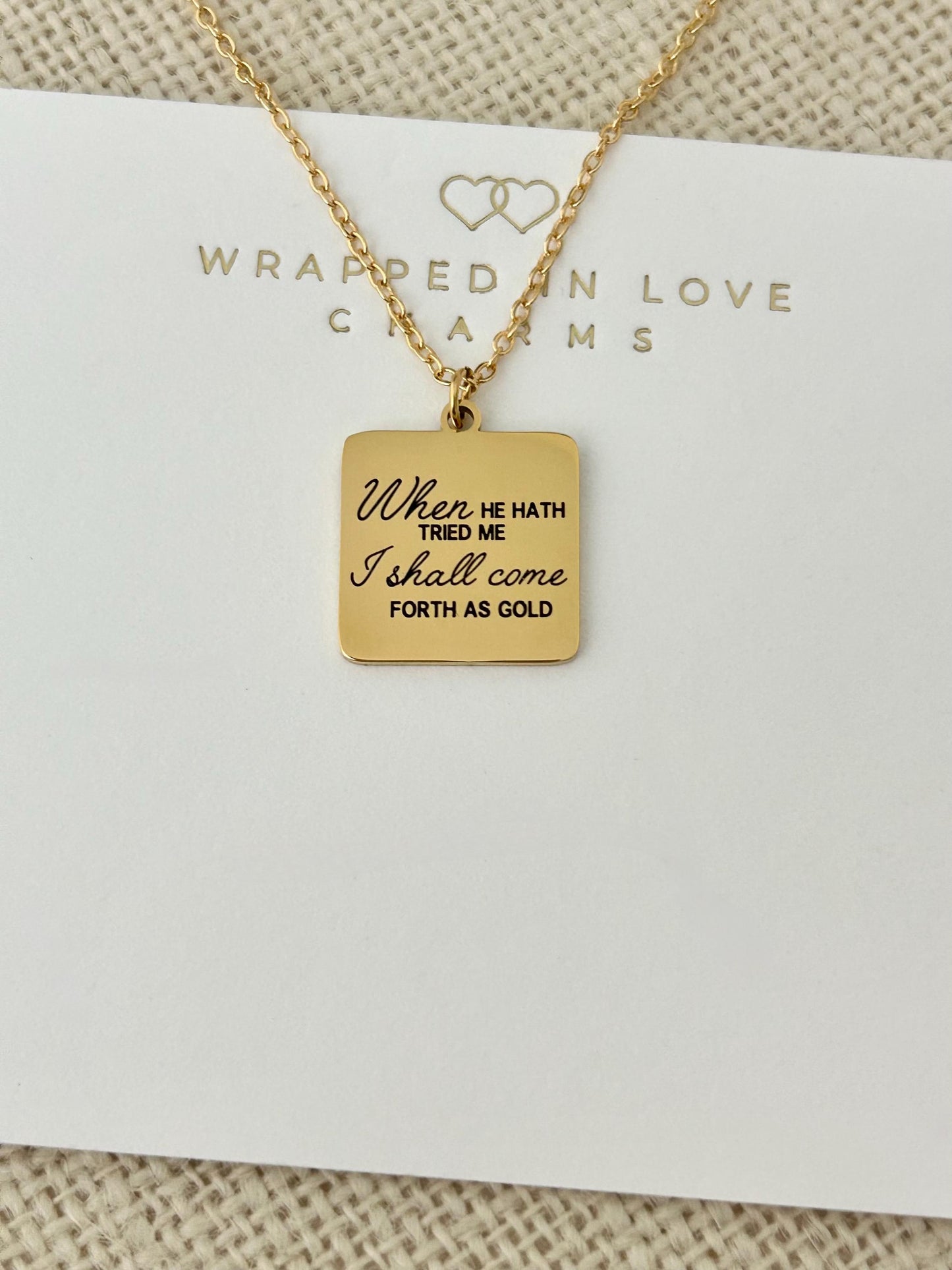 When He has tried me, I shall come forth as Gold Job 23:10 Bible Verse Necklace, 14k Gold Scripture Charm