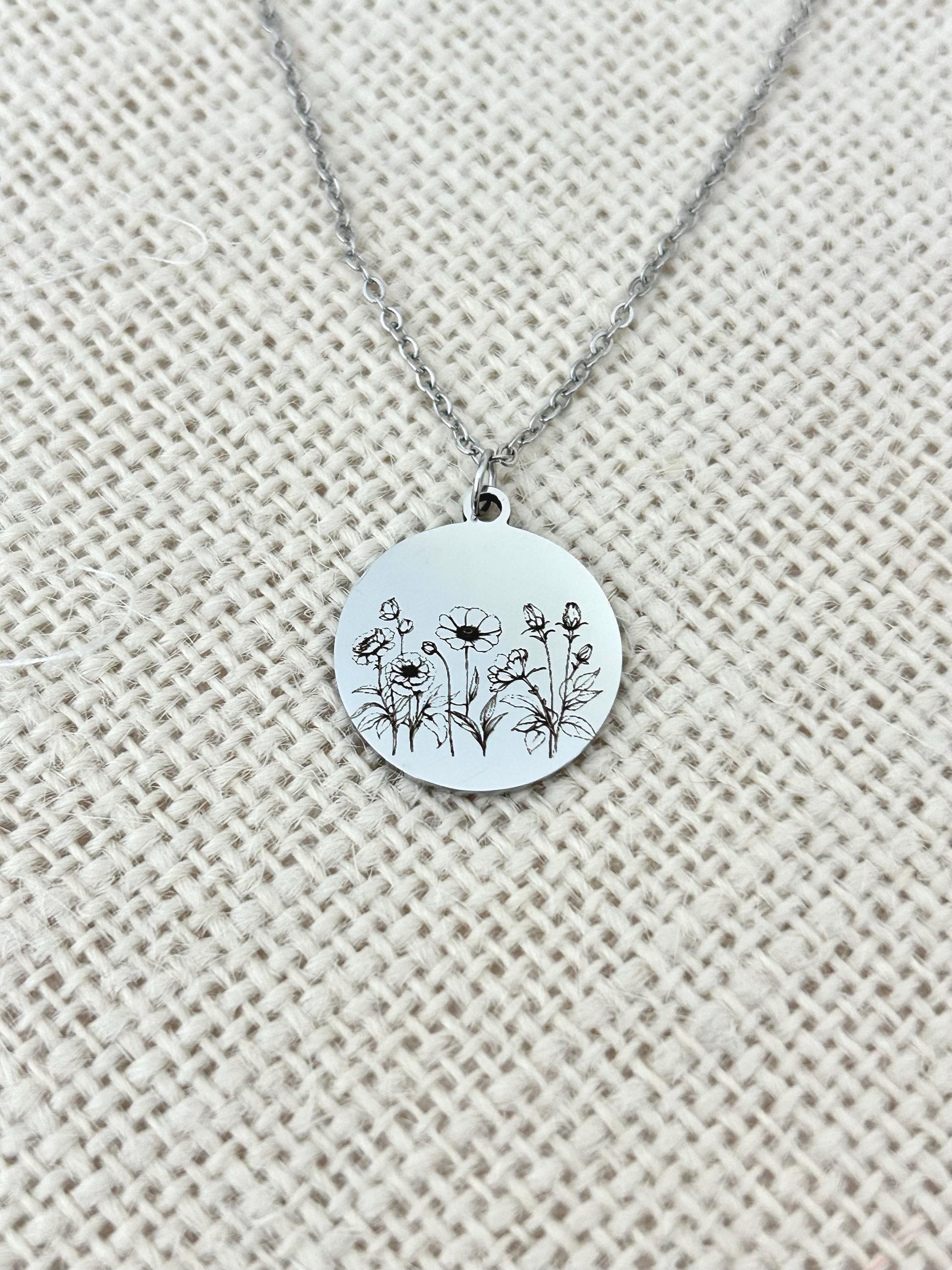 Personalized Engraved Flower Necklace, 14K Gold Plated or Stainless Steel, Birthday Gift for Her, Flower Bouquet Necklace