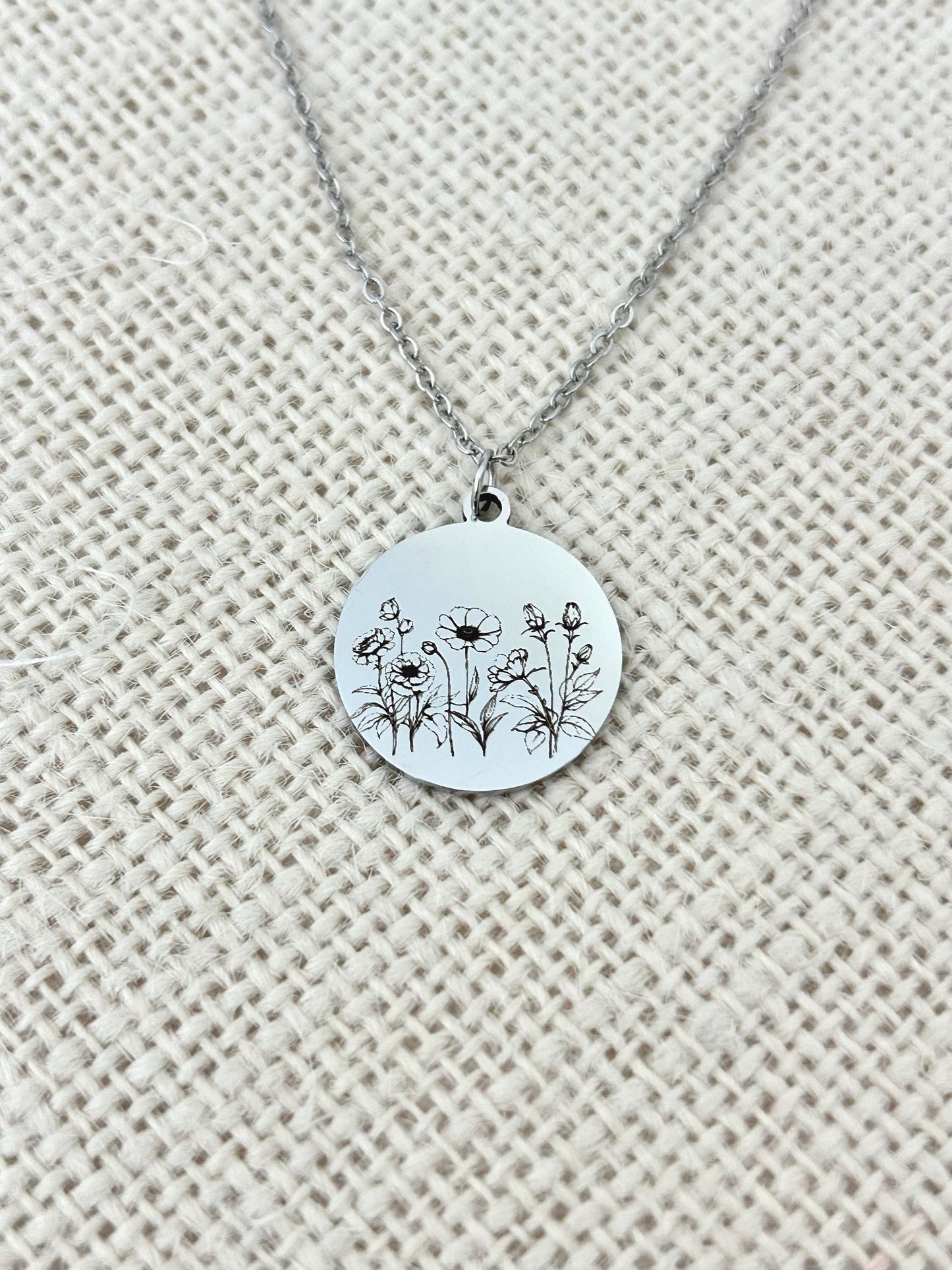 Personalized Engraved Flower Necklace, 14K Gold Plated or Stainless Steel, Birthday Gift for Her, Flower Bouquet Necklace