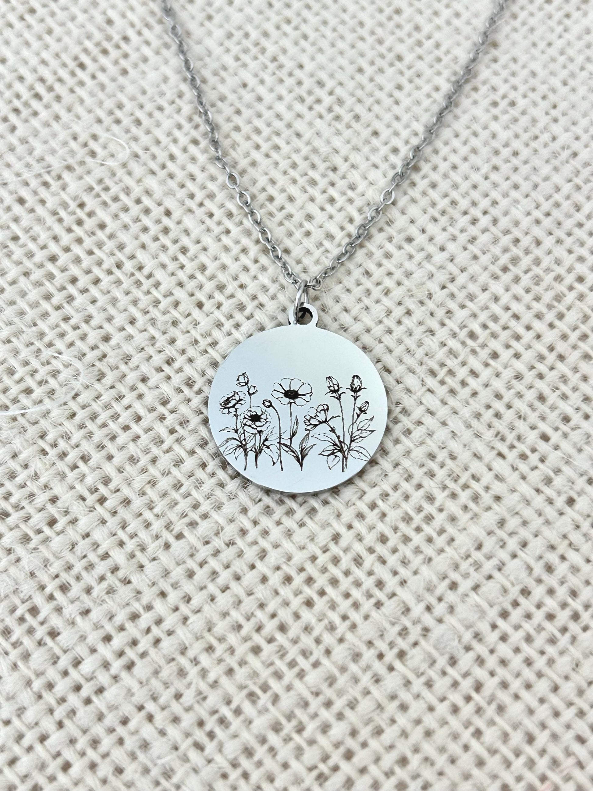 Personalized Engraved Flower Necklace, 14K Gold Plated or Stainless Steel, Birthday Gift for Her, Flower Bouquet Necklace