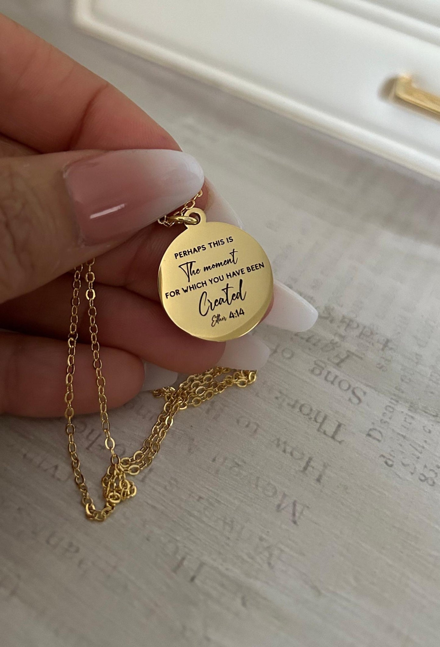 Engraved Esther 4:14 Gold Plated Necklace, Christian Gifts Perhaps this is the moment