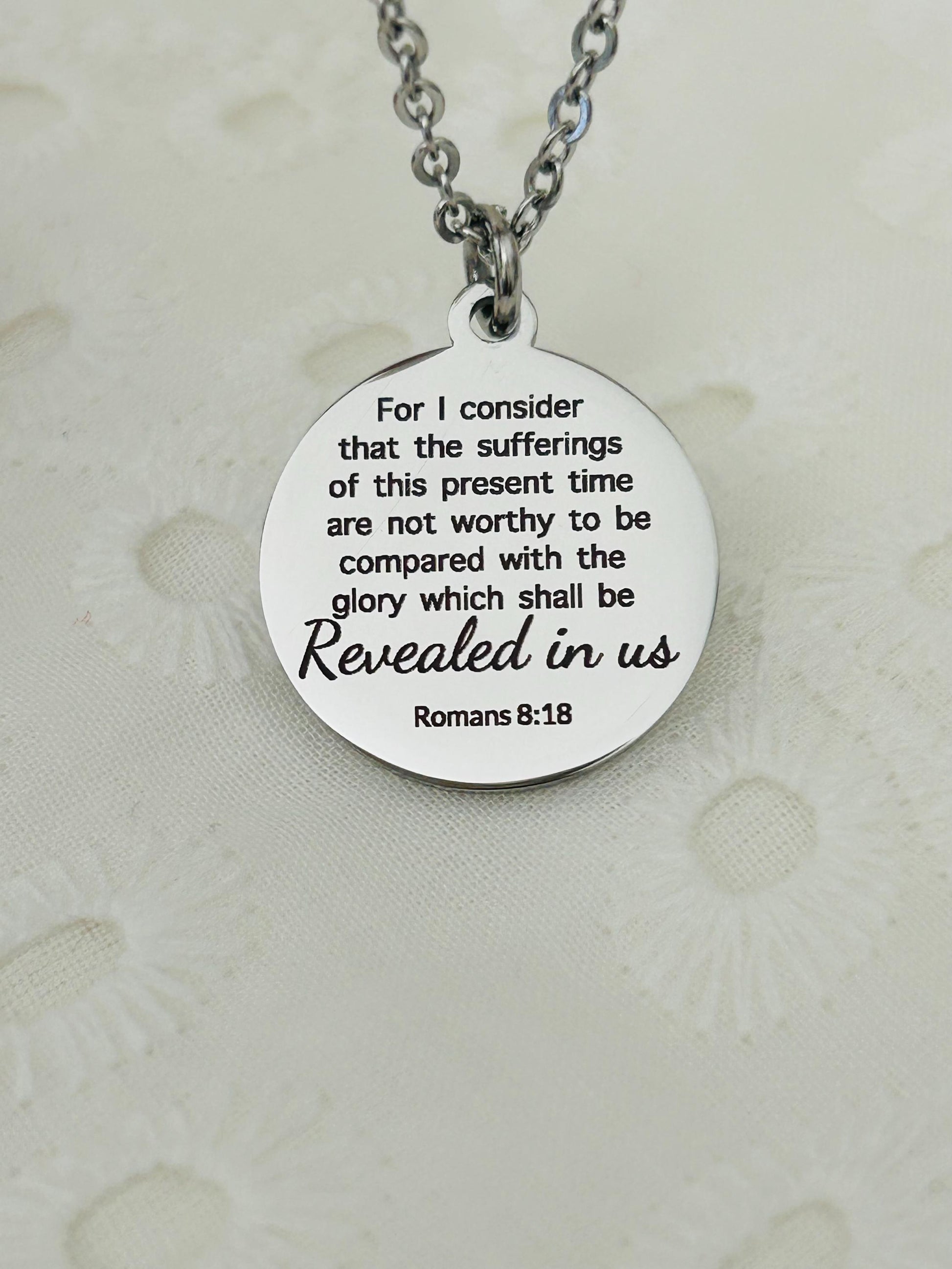 Romans 8:18 Present Sufferings Bible Verse Necklace Christian Gifts Scripture Jewelry Women's Retreat Conference Gifts