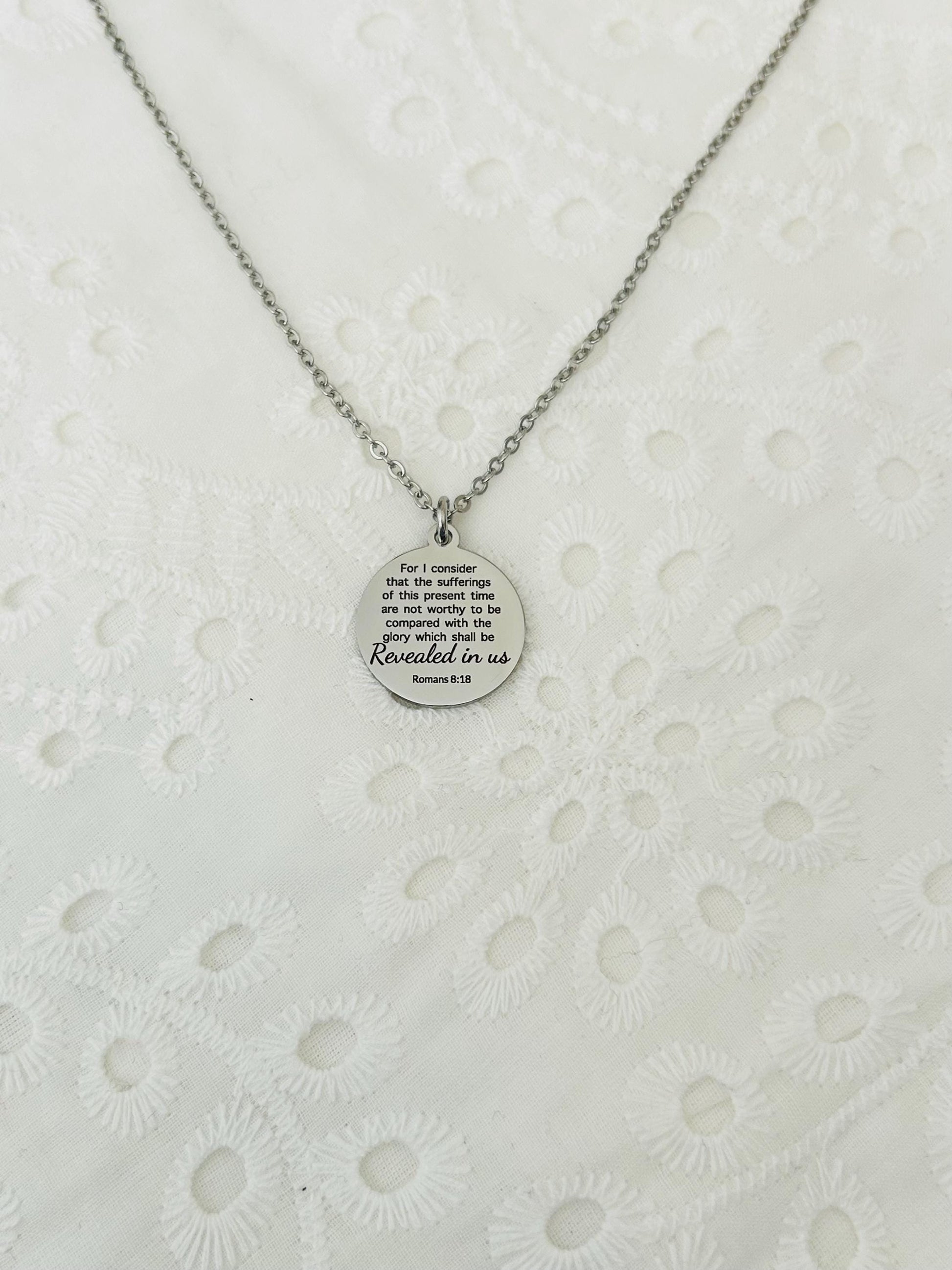 Romans 8:18 Present Sufferings Bible Verse Necklace Christian Gifts Scripture Jewelry Women's Retreat Conference Gifts