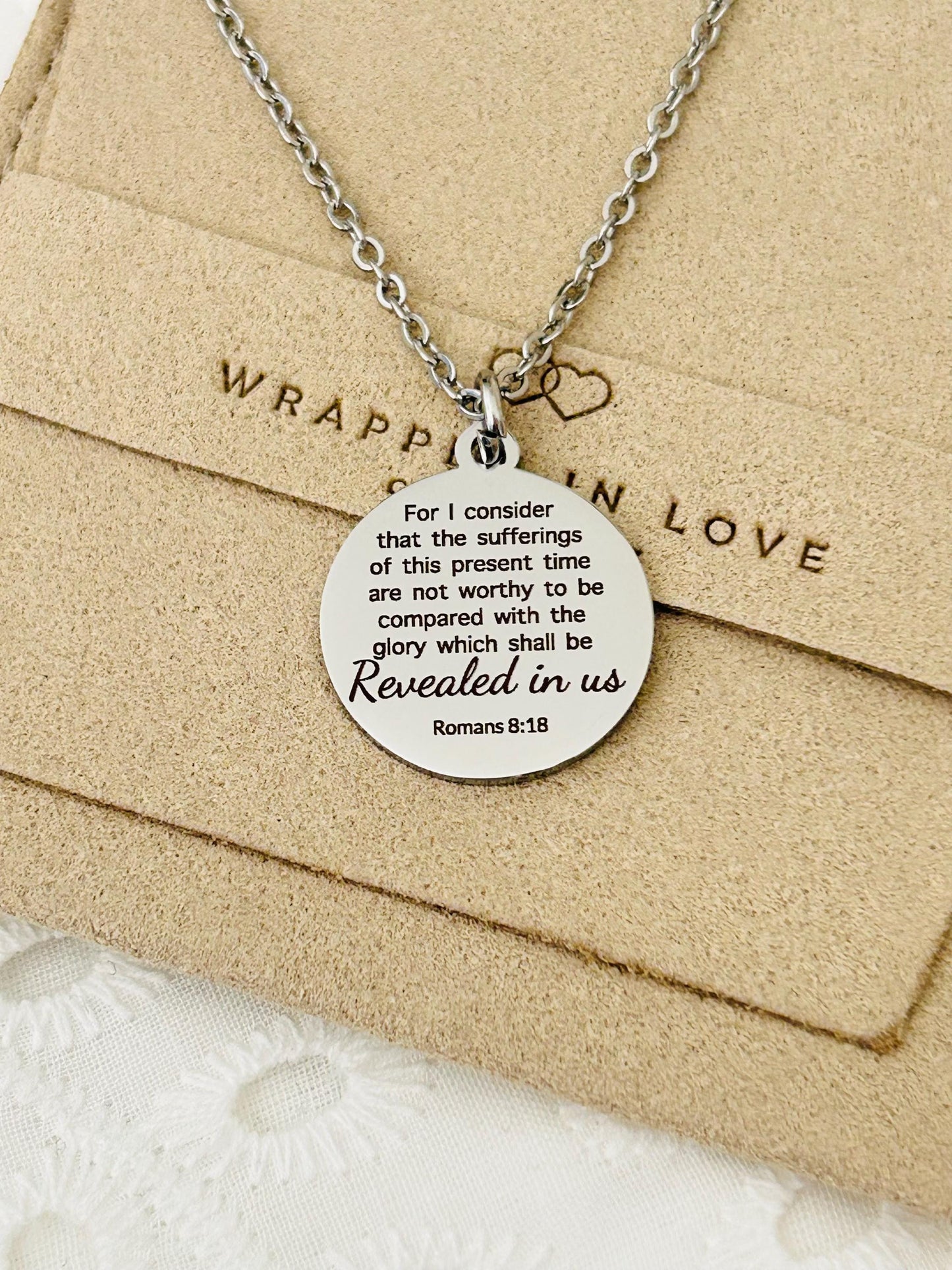 Romans 8:18 Present Sufferings Bible Verse Necklace Christian Gifts Scripture Jewelry Women's Retreat Conference Gifts