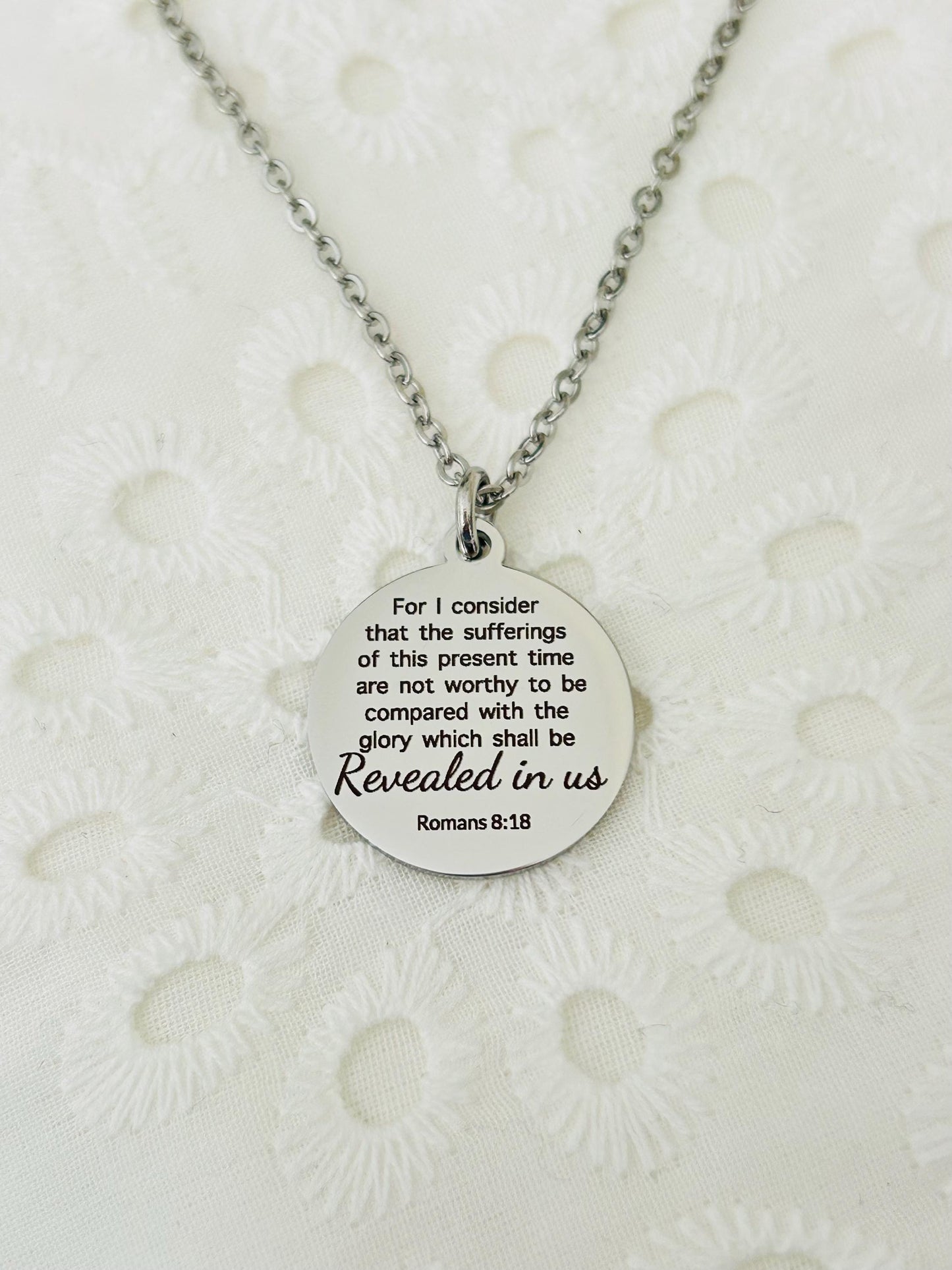 Romans 8:18 Present Sufferings Bible Verse Necklace Christian Gifts Scripture Jewelry Women's Retreat Conference Gifts