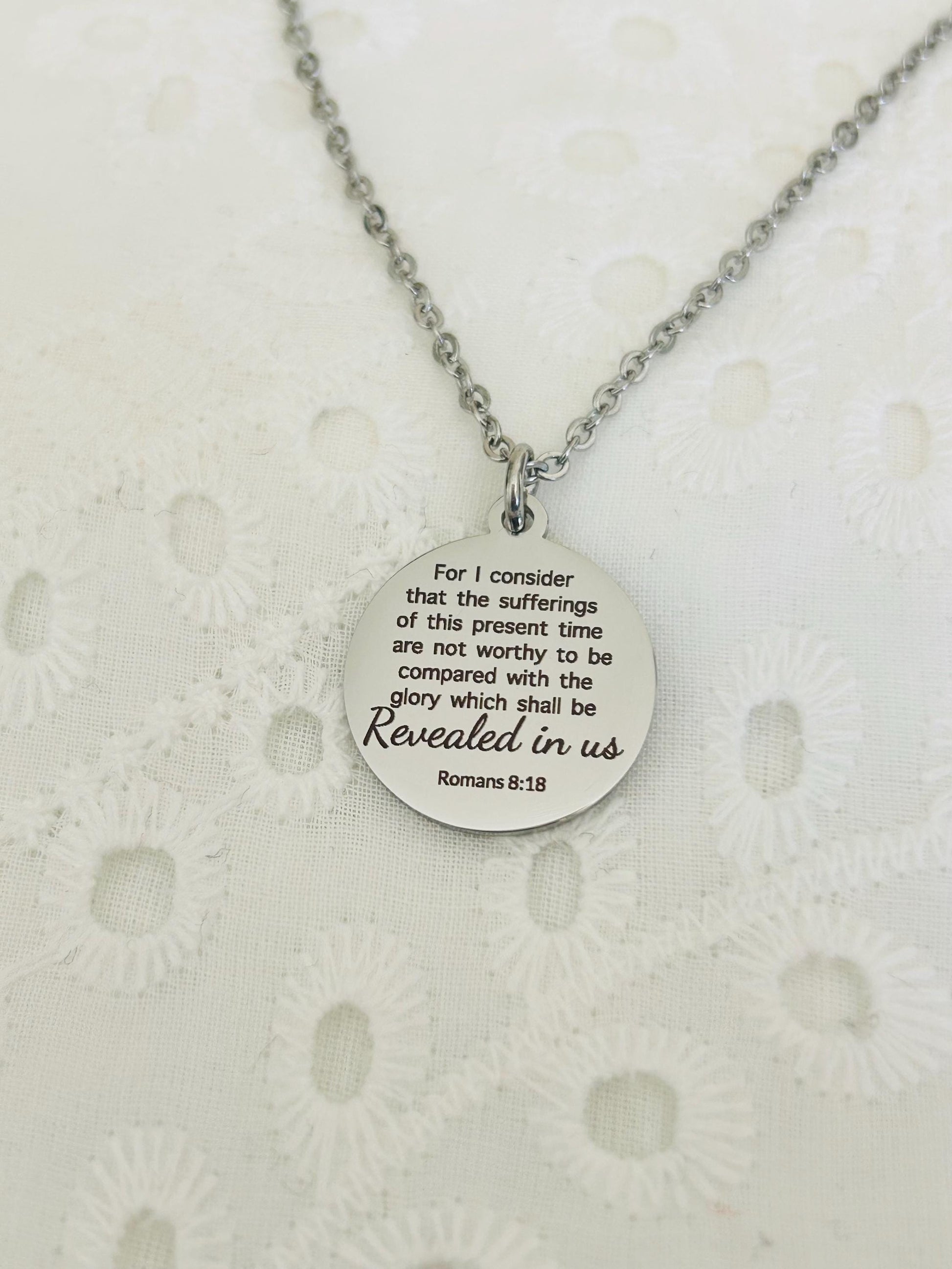 Romans 8:18 Present Sufferings Bible Verse Necklace Christian Gifts Scripture Jewelry Women's Retreat Conference Gifts