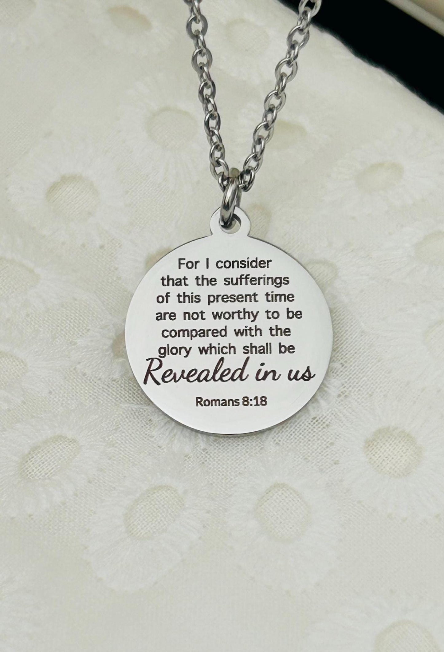Romans 8:18 Present Sufferings Bible Verse Necklace Christian Gifts Scripture Jewelry Women's Retreat Conference Gifts
