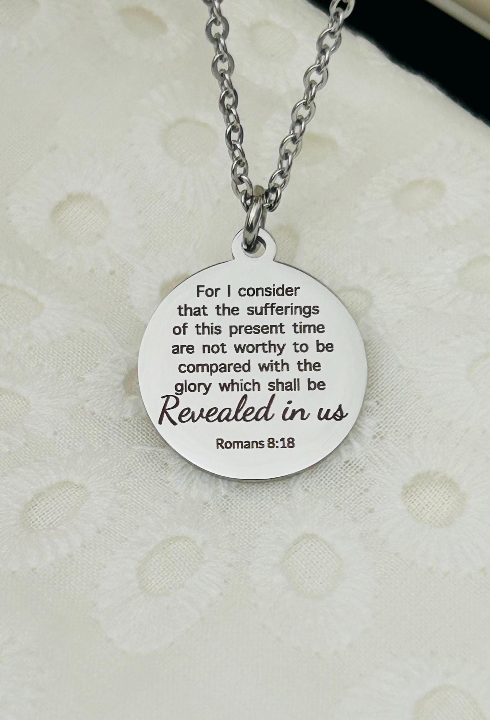 Romans 8:18 Present Sufferings Bible Verse Necklace Christian Gifts Scripture Jewelry Women's Retreat Conference Gifts