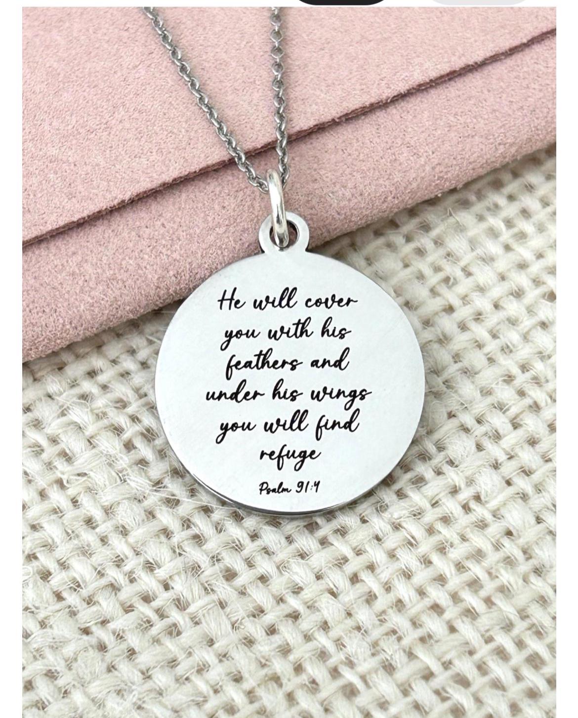 Psalm 91:4 Necklace, He Will Cover You With His Feathers Necklace, Christian Gifts Faith Jewelry, Bible Verse Necklace, Inspirational Gift
