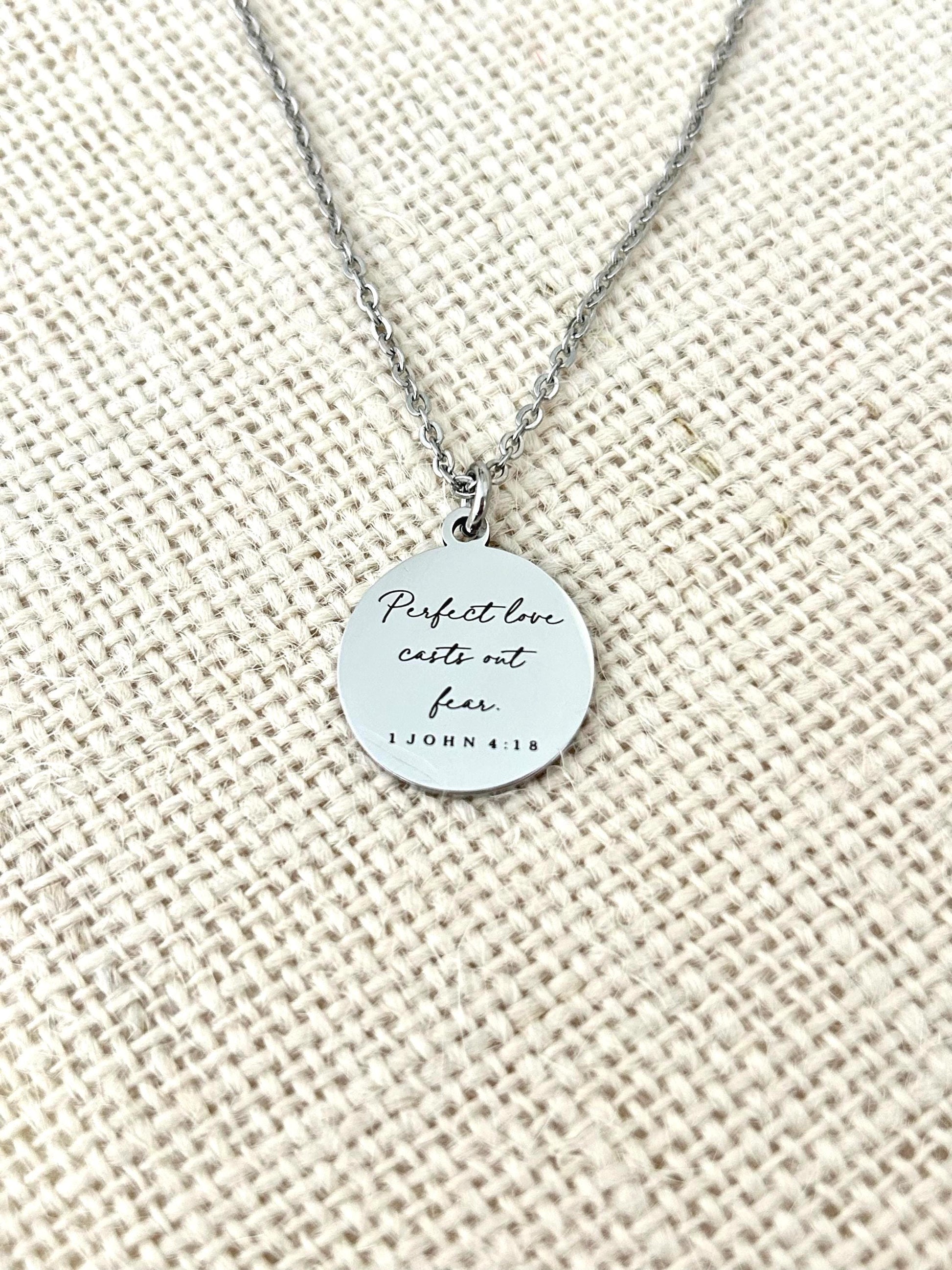 Perfect Love Casts out fear Bible Verse Gold Necklace, Christian Gift, Scripture Jewelry, Personalized Necklace 1 John 4:18
