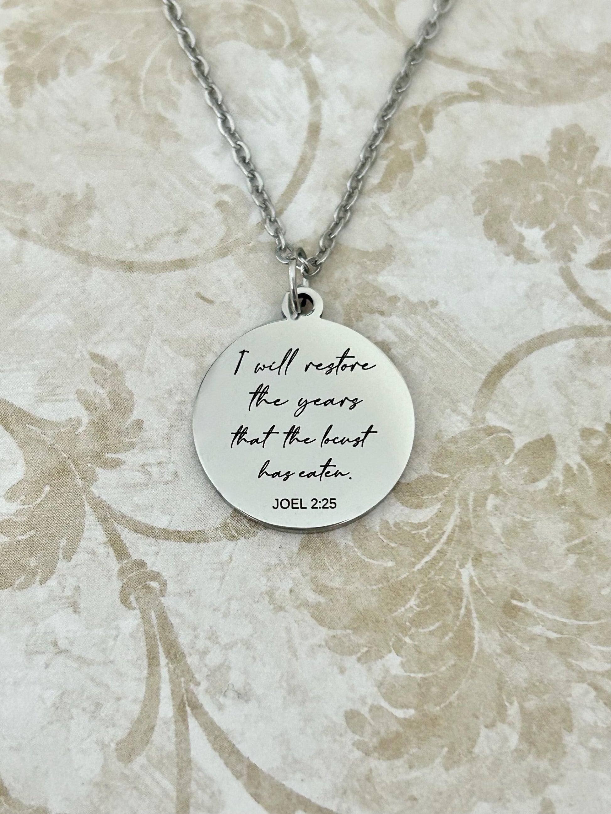 I will restore the years that the locust has eaten Engraved Joel 2:25 Necklace, Christian Scripture Gift