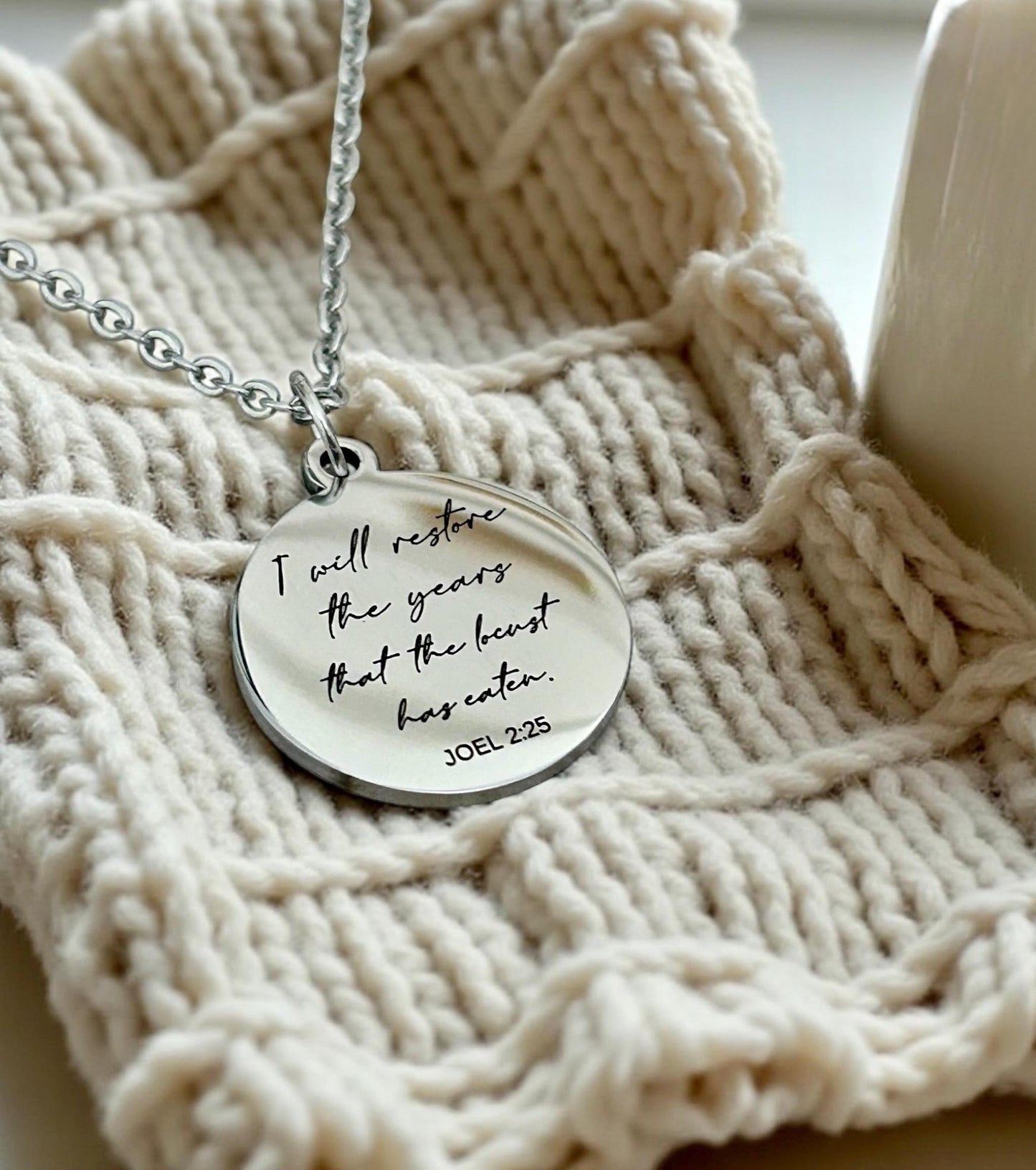 I will restore the years that the locust has eaten Engraved Joel 2:25 Necklace, Christian Scripture Gift
