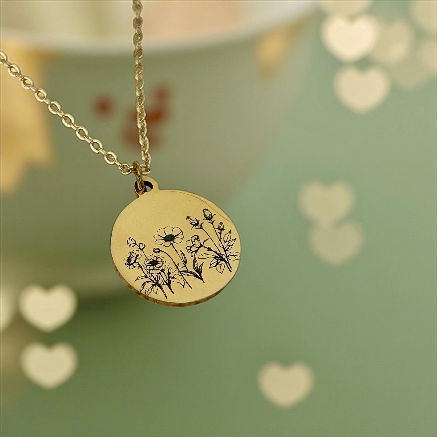 Personalized Engraved Flower Necklace, 14K Gold Plated or Stainless Steel, Birthday Gift for Her, Flower Bouquet Necklace