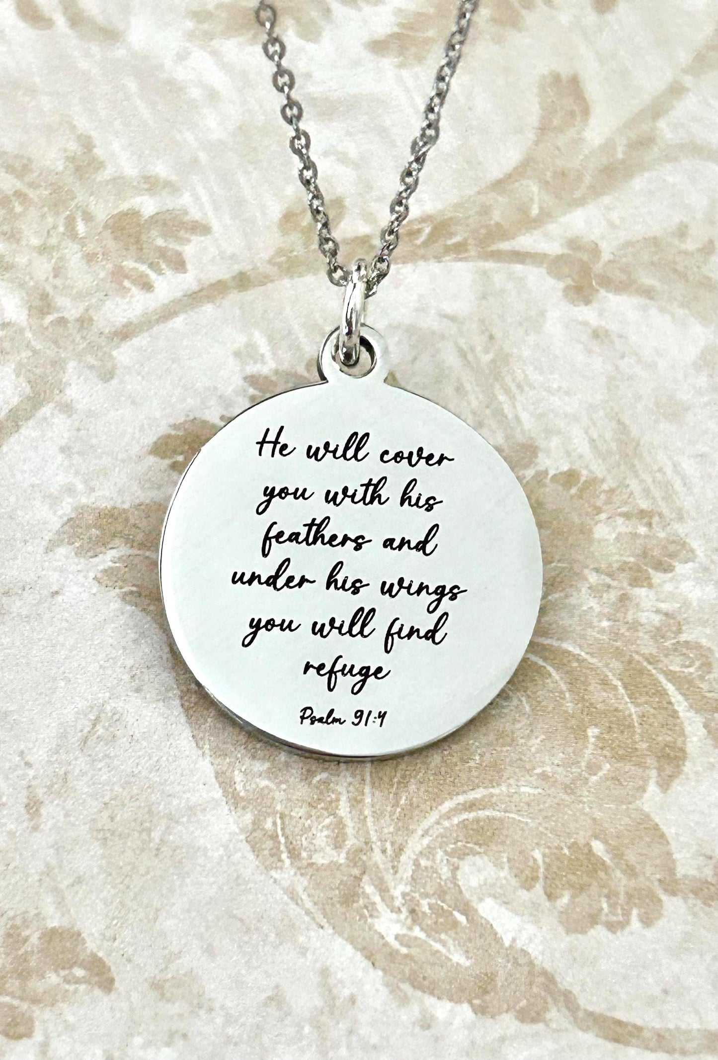 Psalm 91 Necklace, Christian Gifts, Scripture Jewelry, Gifts for Mom, Motivational Gifts Prayer necklace He will cover you with his feathers