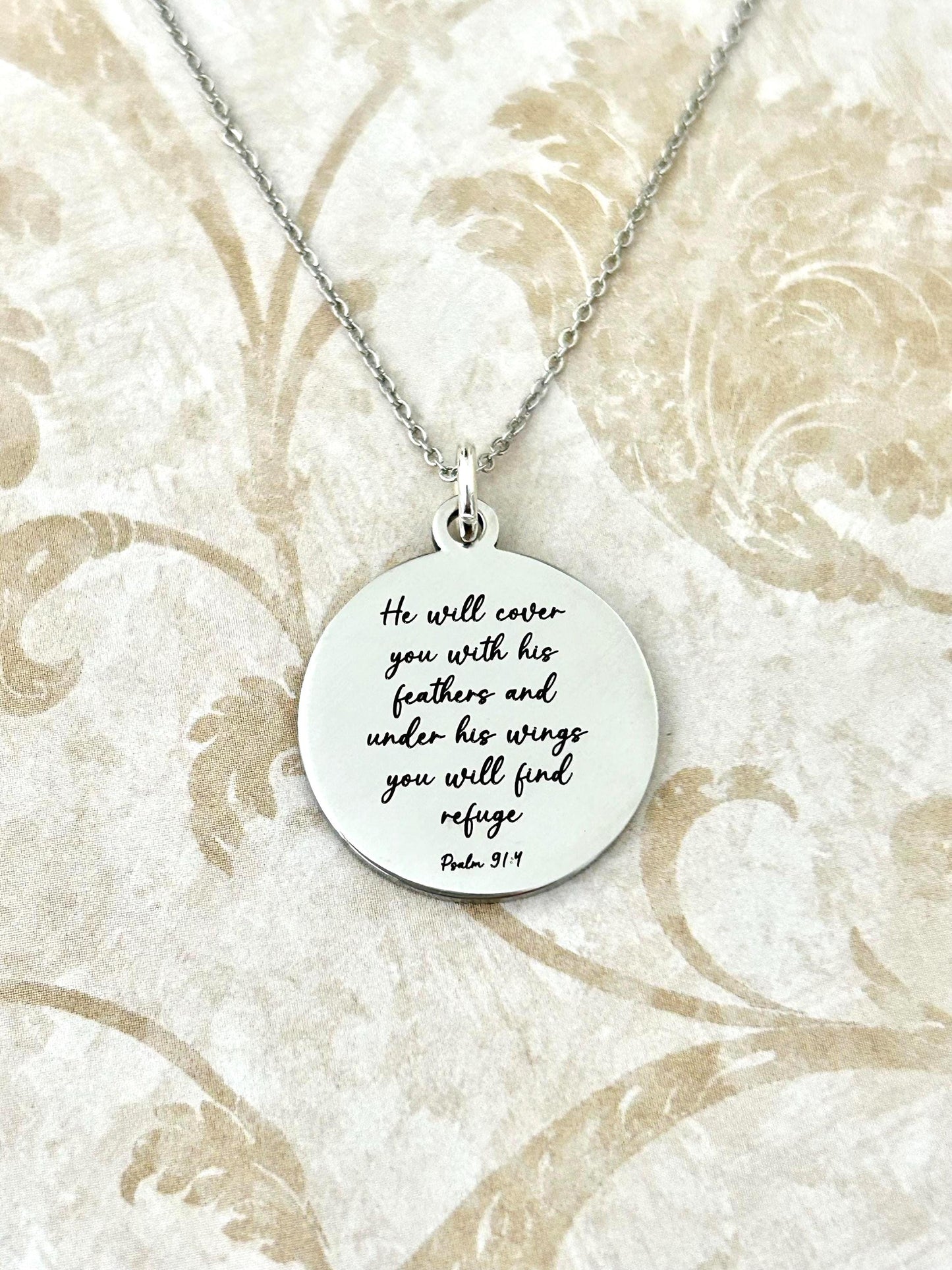 Psalm 91 Necklace, Christian Gifts, Scripture Jewelry, Gifts for Mom, Motivational Gifts Prayer necklace He will cover you with his feathers