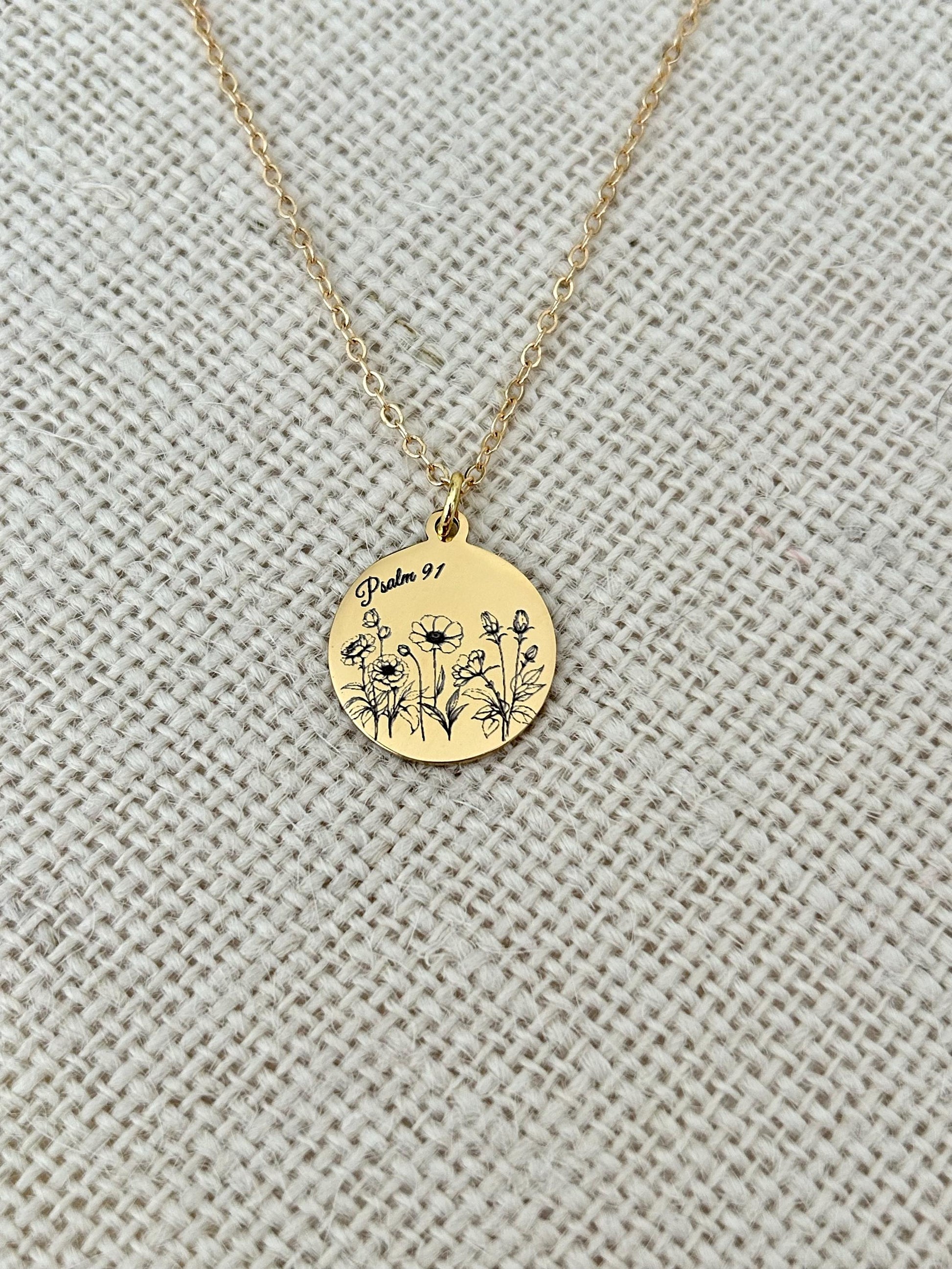 Psalm 91 Personalized Engraved Flower Necklace, 14K Gold Plated, Birthday Gift for Her, Flower Bouquet Necklace