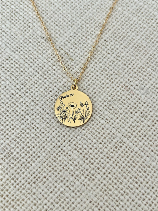 Psalm 91 Personalized Engraved Flower Necklace, 14K Gold Plated, Birthday Gift for Her, Flower Bouquet Necklace