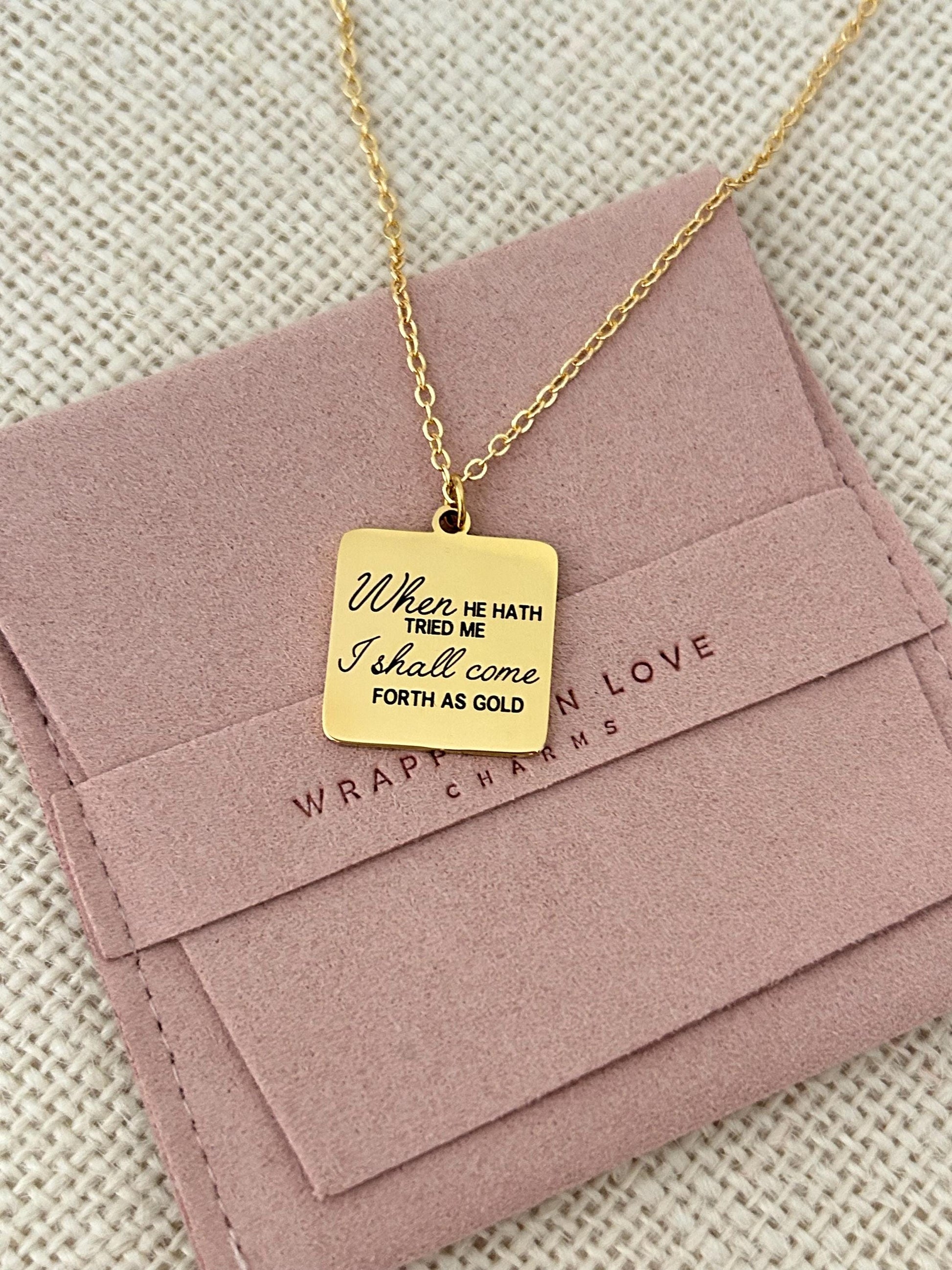 When He has tried me, I shall come forth as Gold Job 23:10 Bible Verse Necklace, 14k Gold Scripture Charm