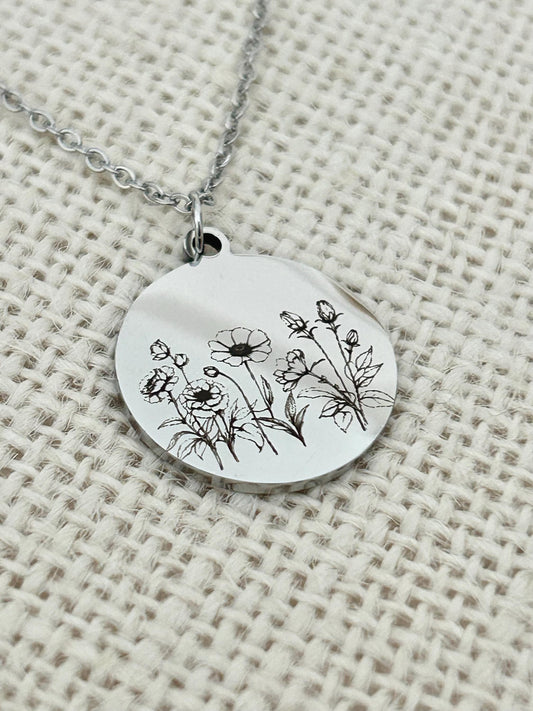 Personalized Engraved Flower Necklace, 14K Gold Plated or Stainless Steel, Birthday Gift for Her, Flower Bouquet Necklace