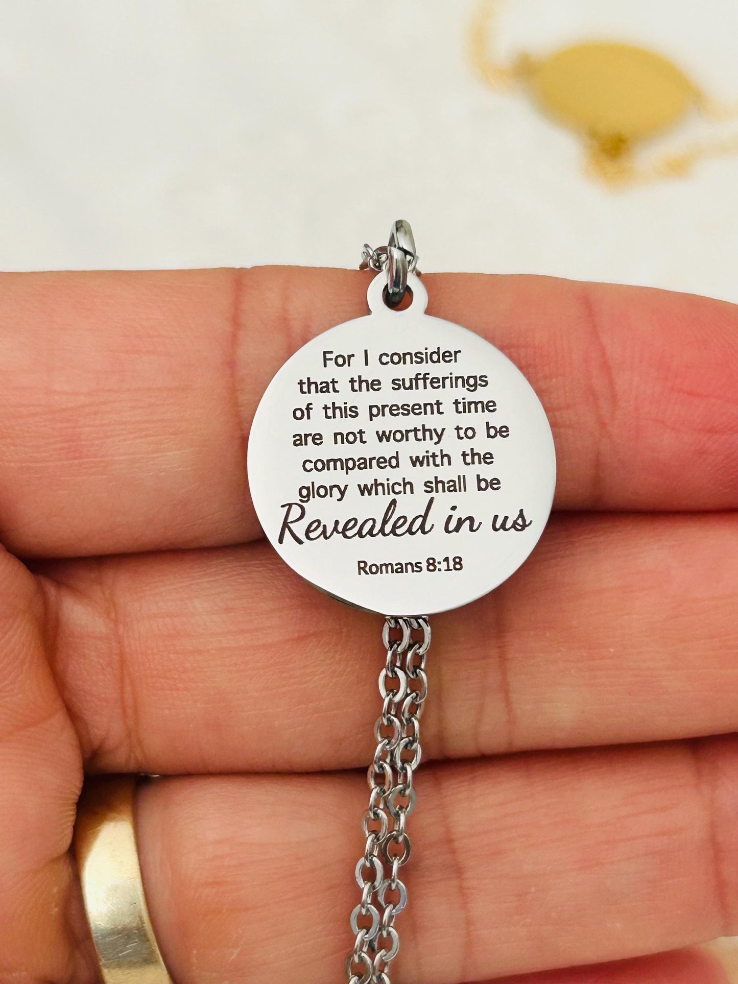 Romans 8:18 Present Sufferings Bible Verse Necklace Christian Gifts Scripture Jewelry Women's Retreat Conference Gifts