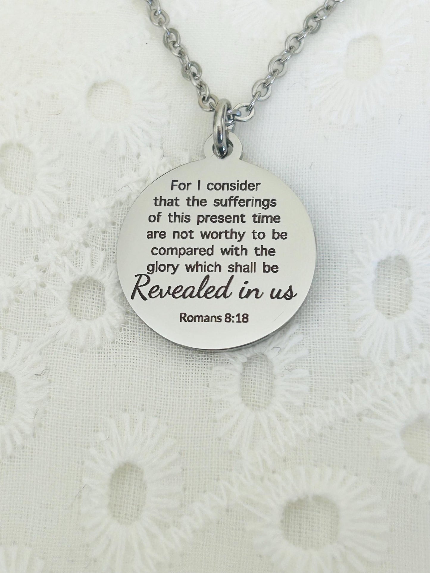 Romans 8:18 Present Sufferings Bible Verse Necklace Christian Gifts Scripture Jewelry Women's Retreat Conference Gifts