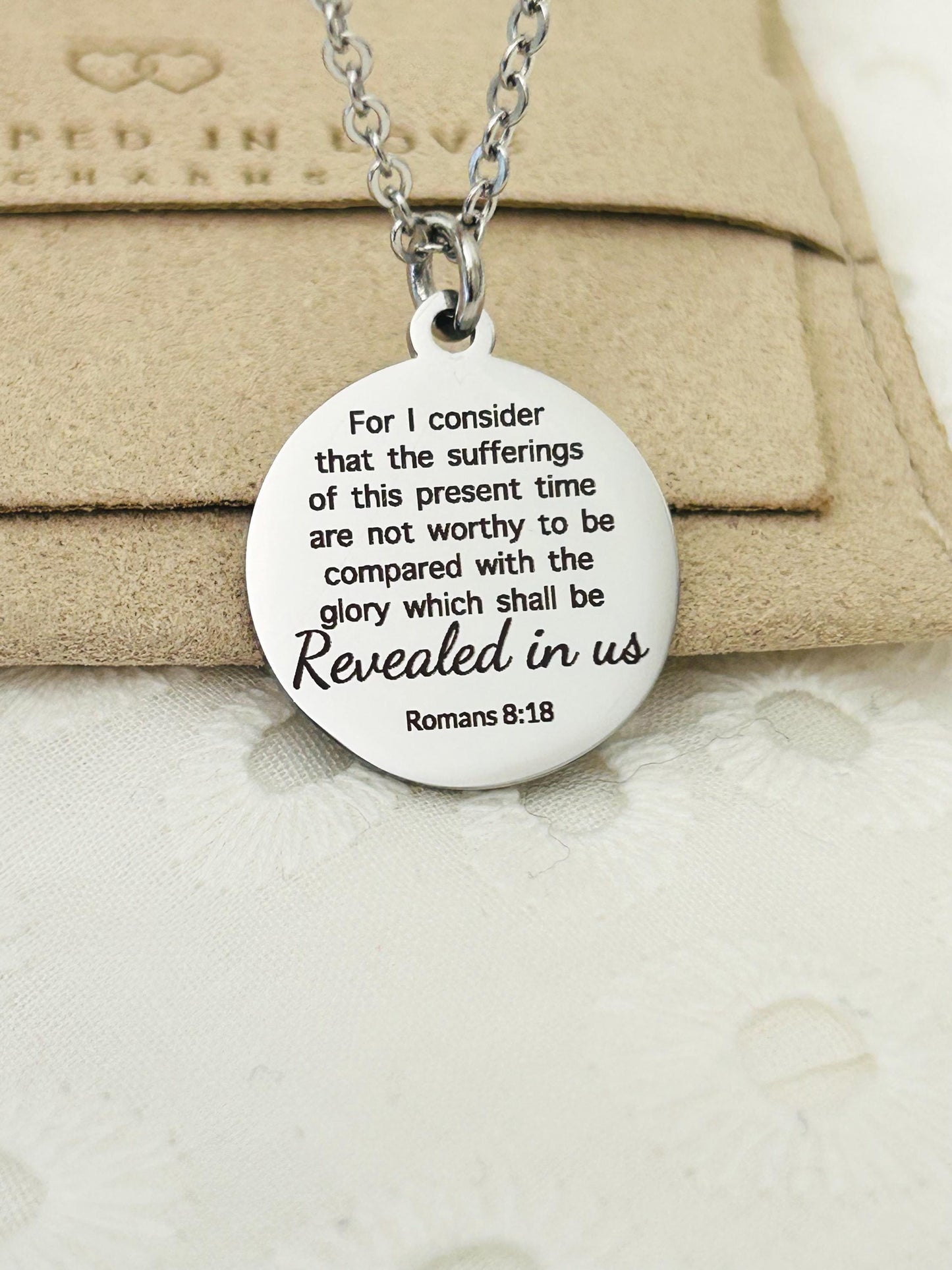 Romans 8:18 Present Sufferings Bible Verse Necklace Christian Gifts Scripture Jewelry Women's Retreat Conference Gifts