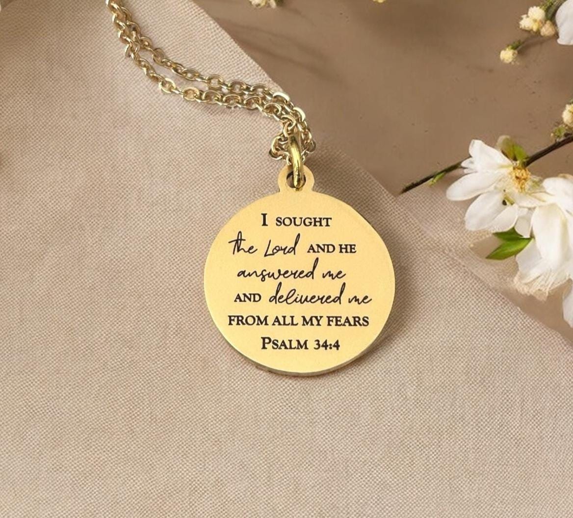 Psalm 34:4 Necklace | I Sought the Lord and He Answered Me Necklace | Christian Necklace | Bible Verse Jewelry | Faith Gift for Women