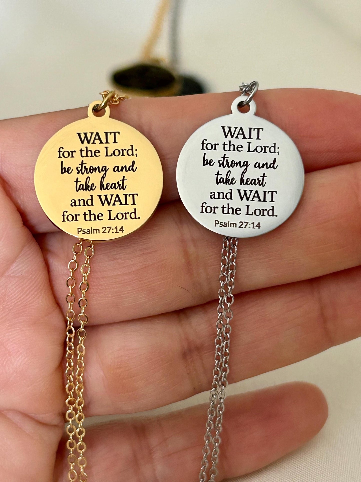 Bible Verse Necklace Psalm 27:14, Wait for The Lord, Christian Gifts, Personalized Necklace, Engraved Scripture Charm