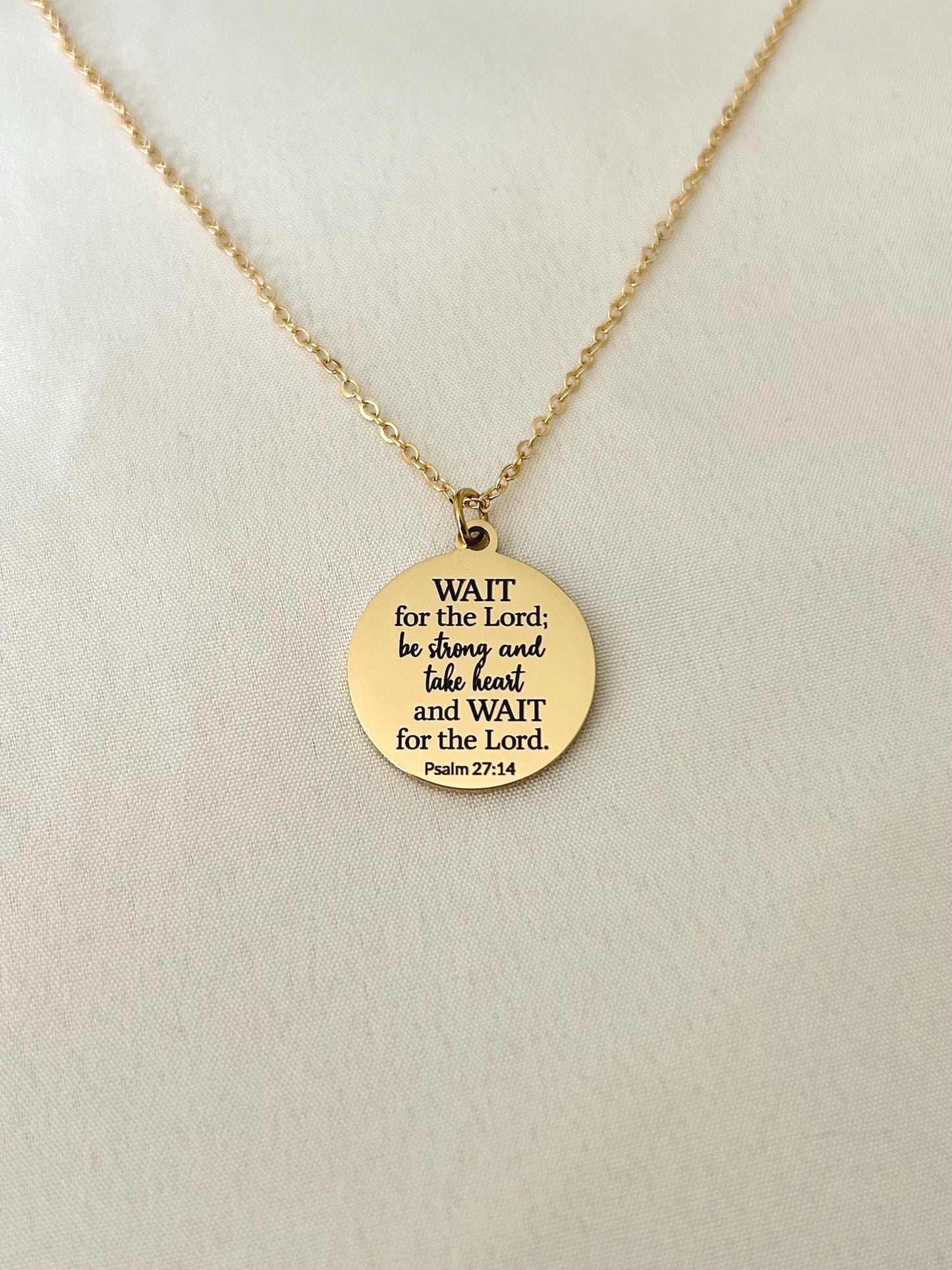 Bible Verse Necklace Psalm 27:14, Wait for The Lord, Christian Gifts, Personalized Necklace, Engraved Scripture Charm