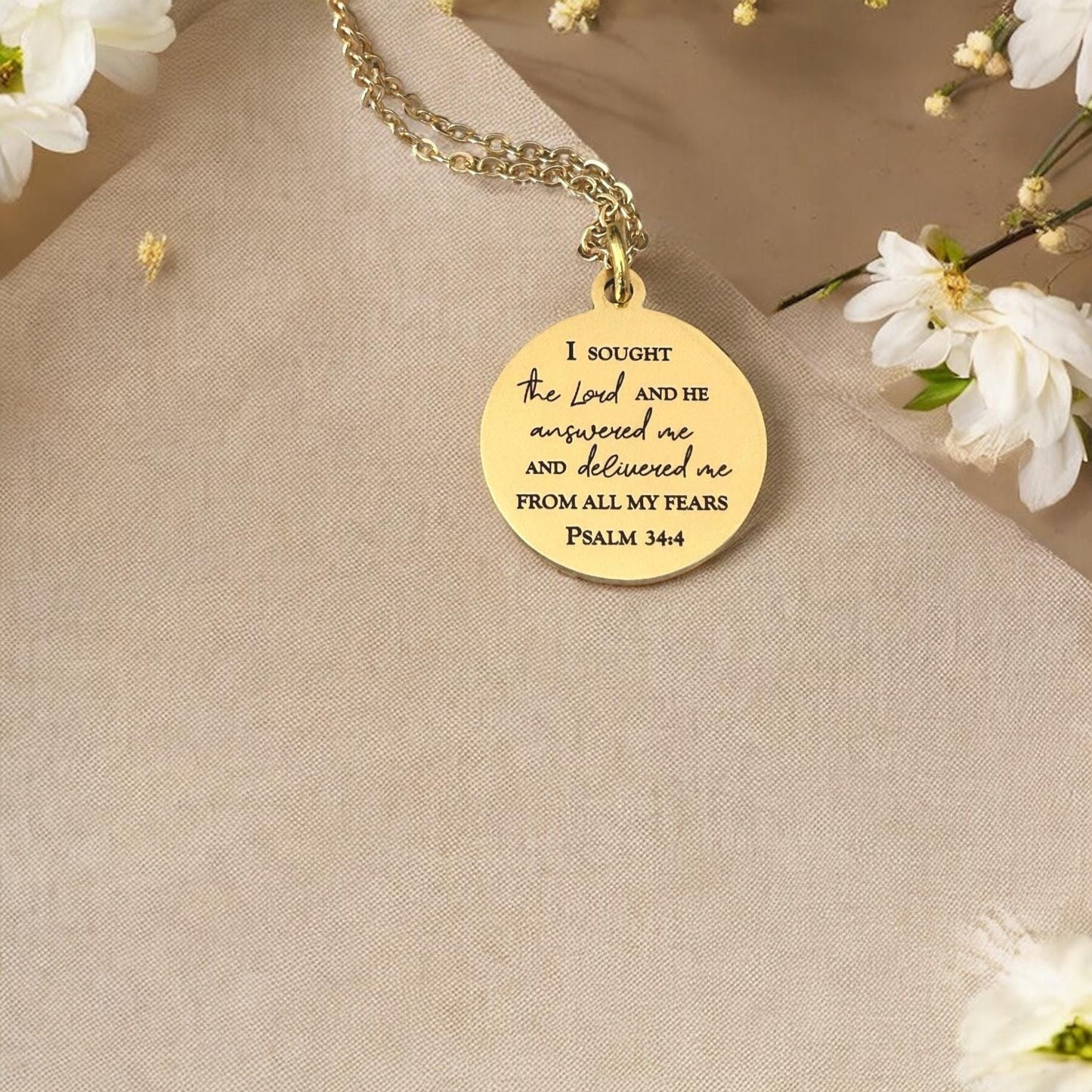 Psalm 34:4 Necklace | I Sought the Lord and He Answered Me Necklace | Christian Necklace | Bible Verse Jewelry | Faith Gift for Women