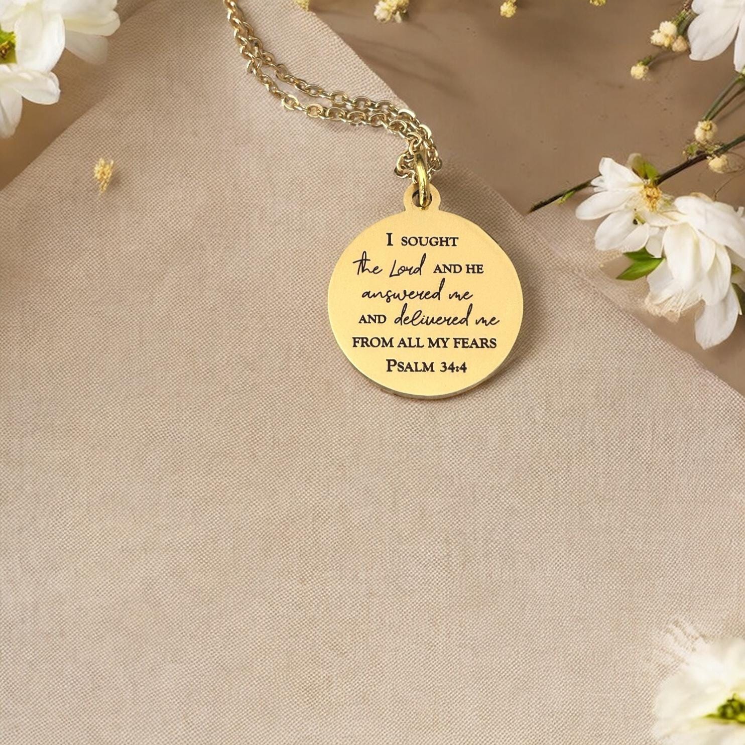 Psalm 34:4 Necklace | I Sought the Lord and He Answered Me Necklace | Christian Necklace | Bible Verse Jewelry | Faith Gift for Women