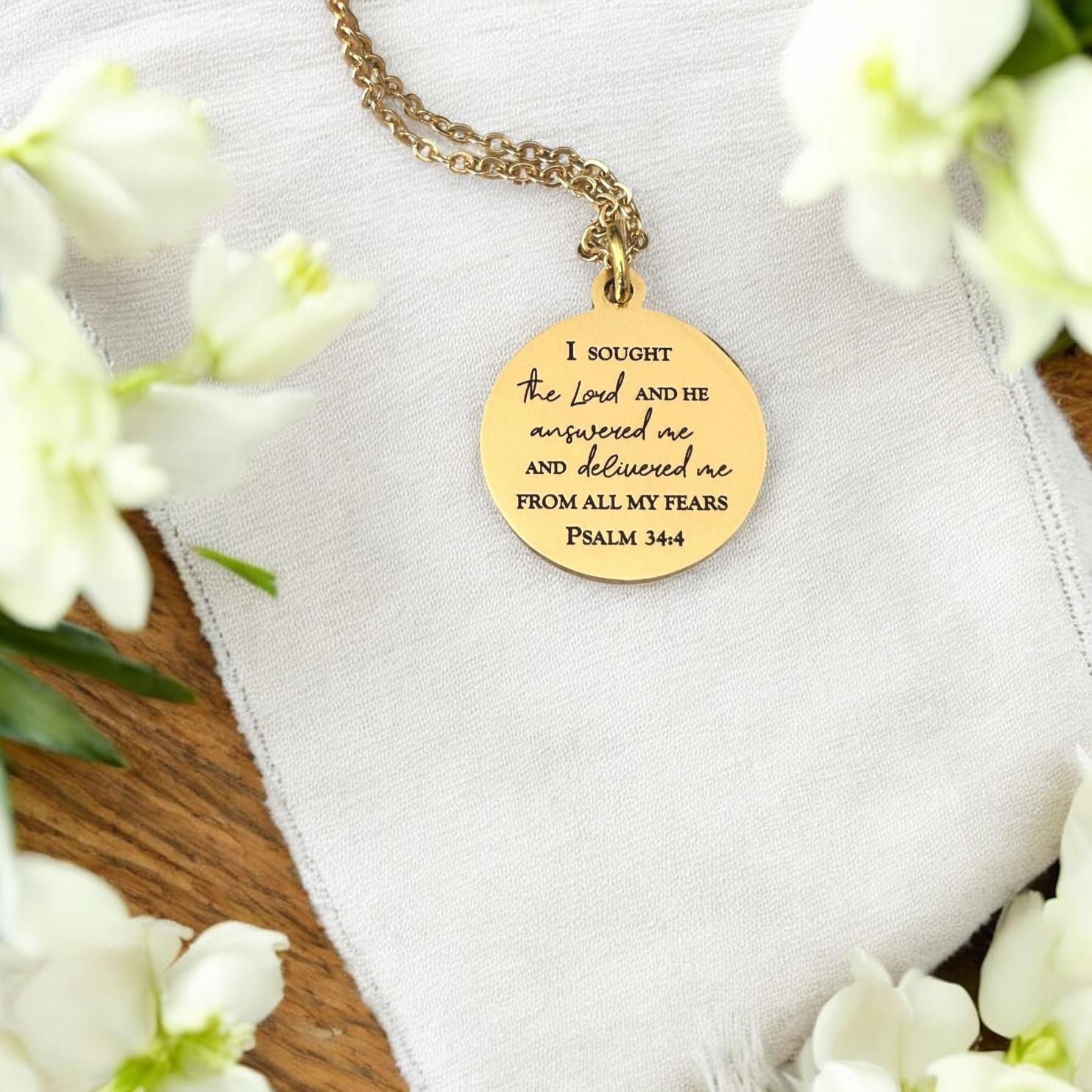 Psalm 34:4 Necklace | I Sought the Lord and He Answered Me Necklace | Christian Necklace | Bible Verse Jewelry | Faith Gift for Women